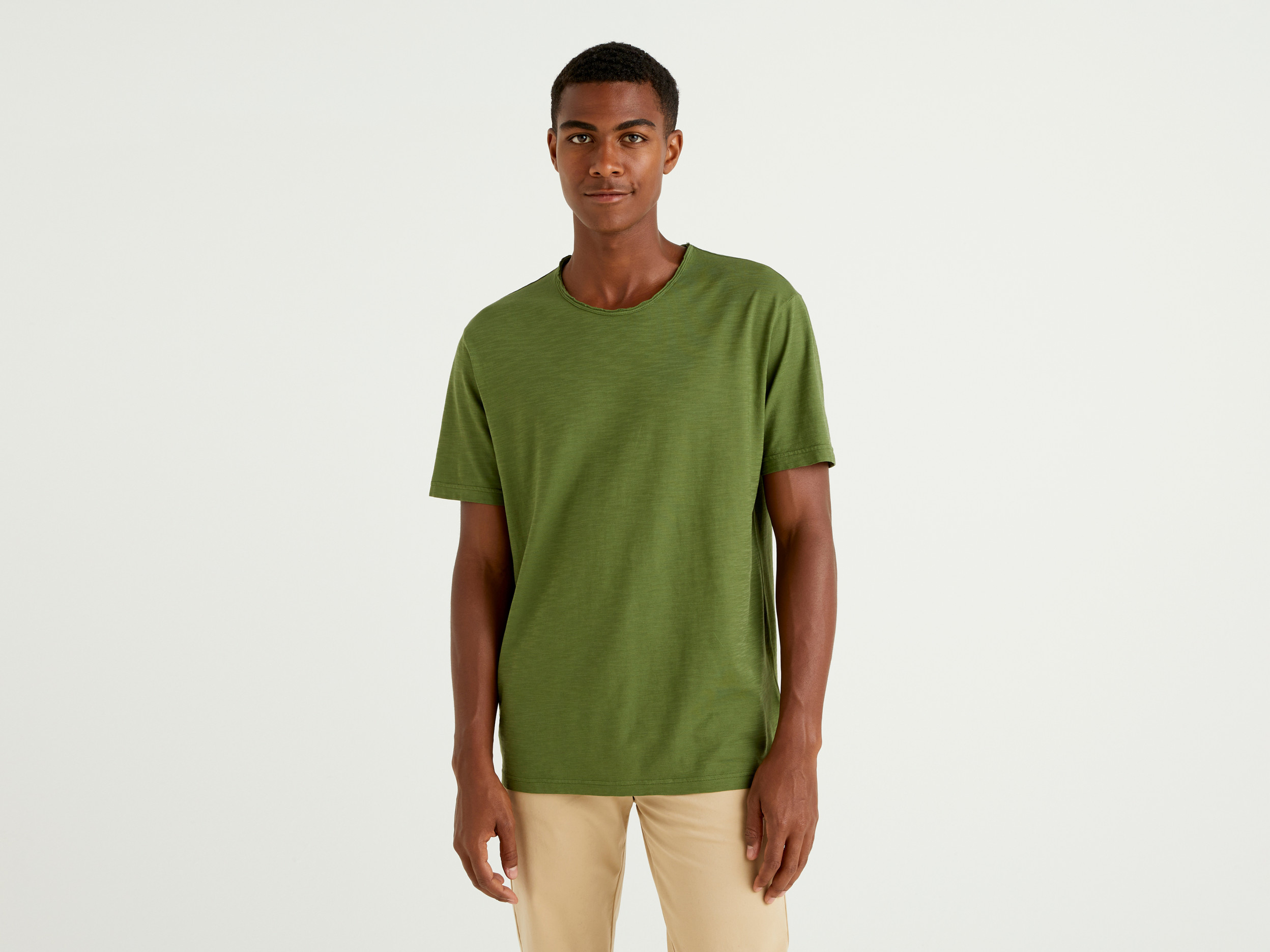 Benetton, T shirt Verde In Cotone Fiammato, Verde Militare, Uomo