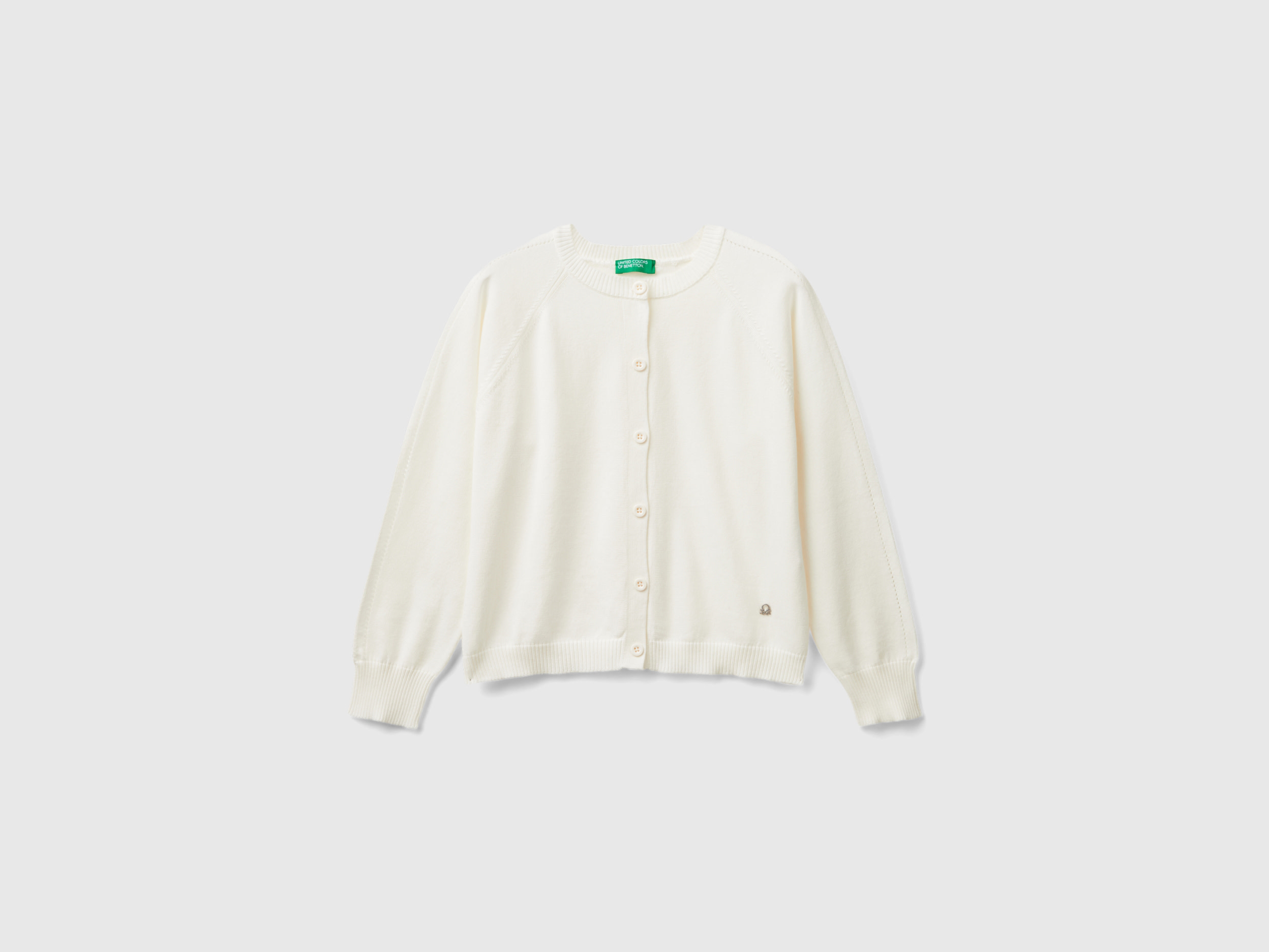Benetton, Cardigan In Puro Cotone, Bianco Panna, Bambini
