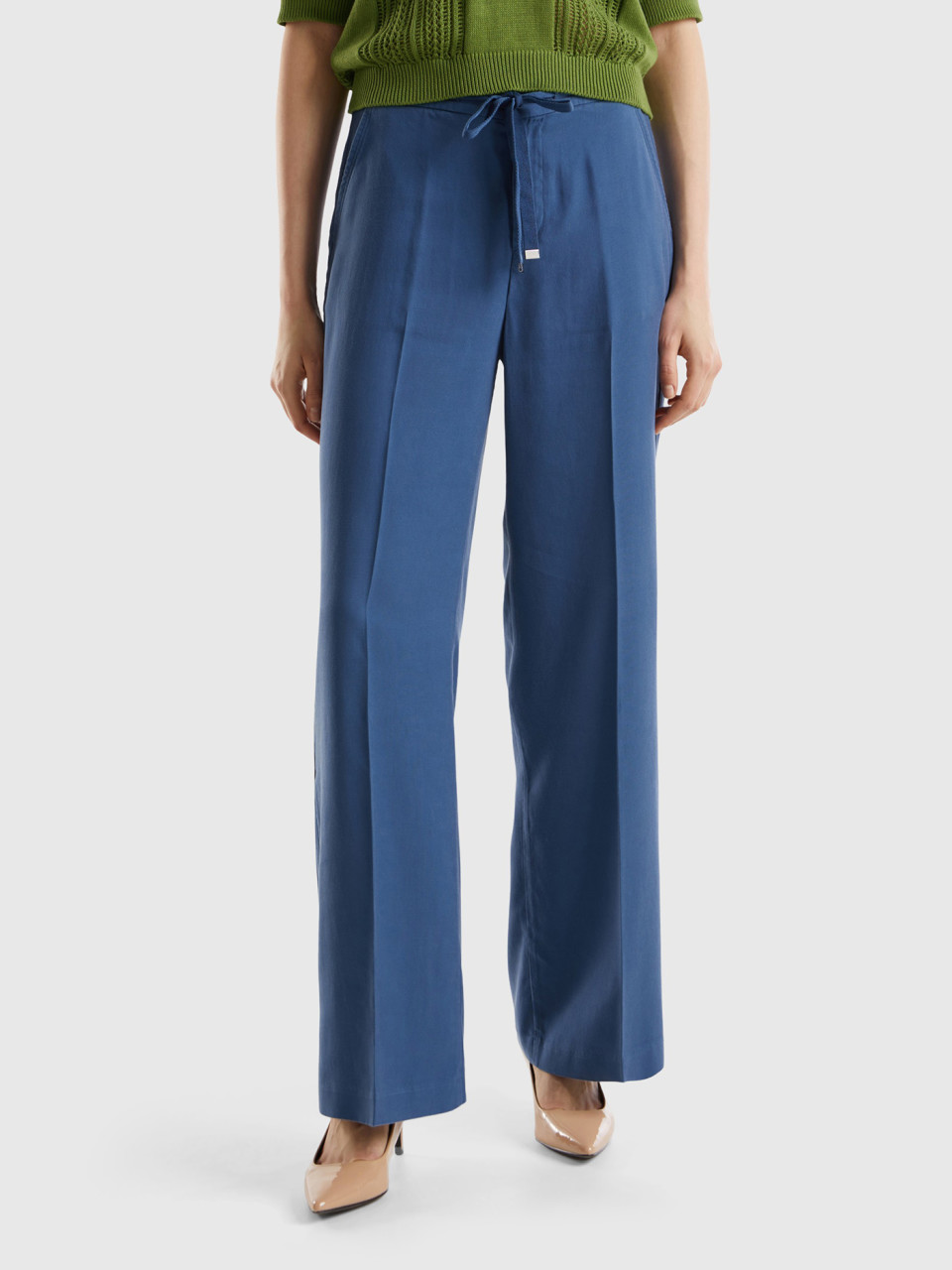 Benetton, Trousers In Pure Lyocell, Air Force Blue, Women