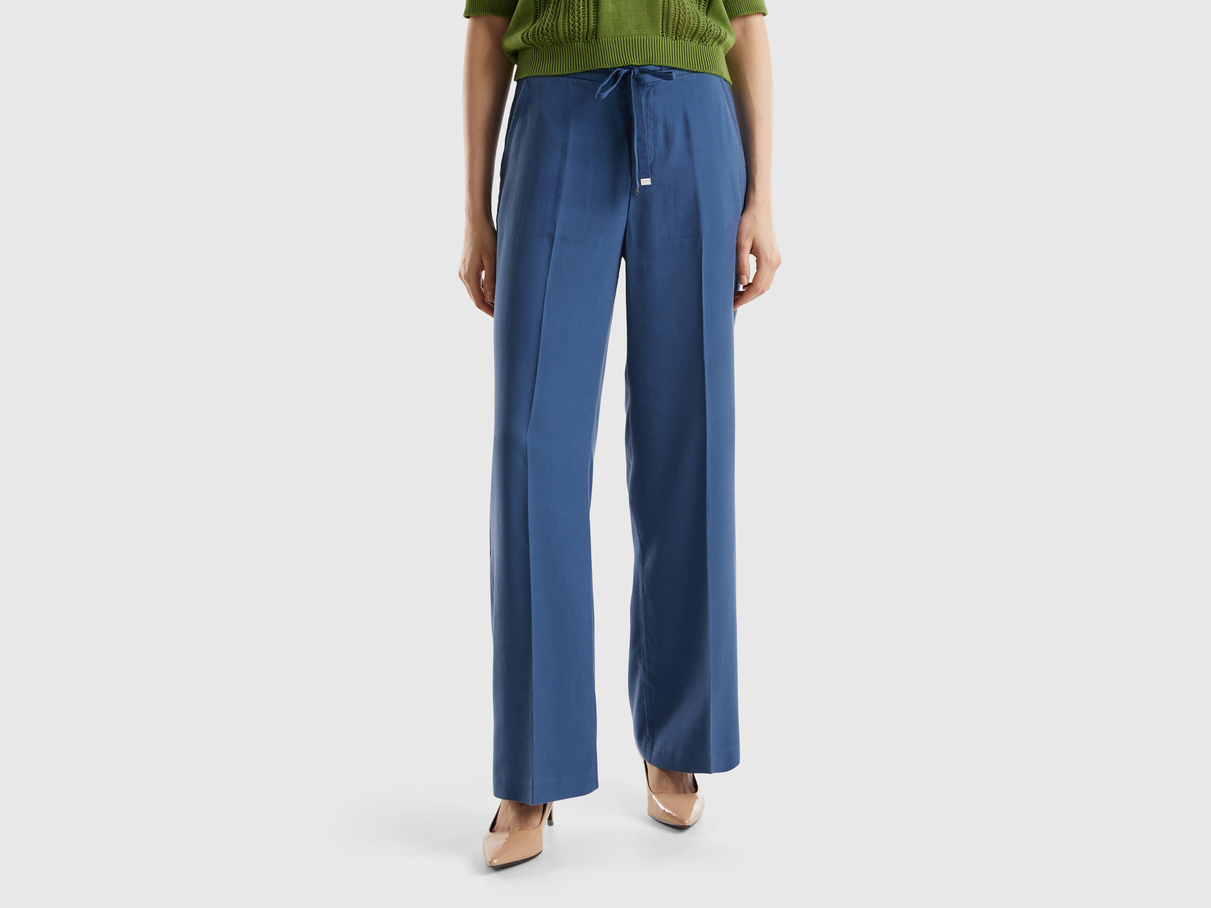 Benetton, Pantaloni In Puro Lyocell, Avio, Donna