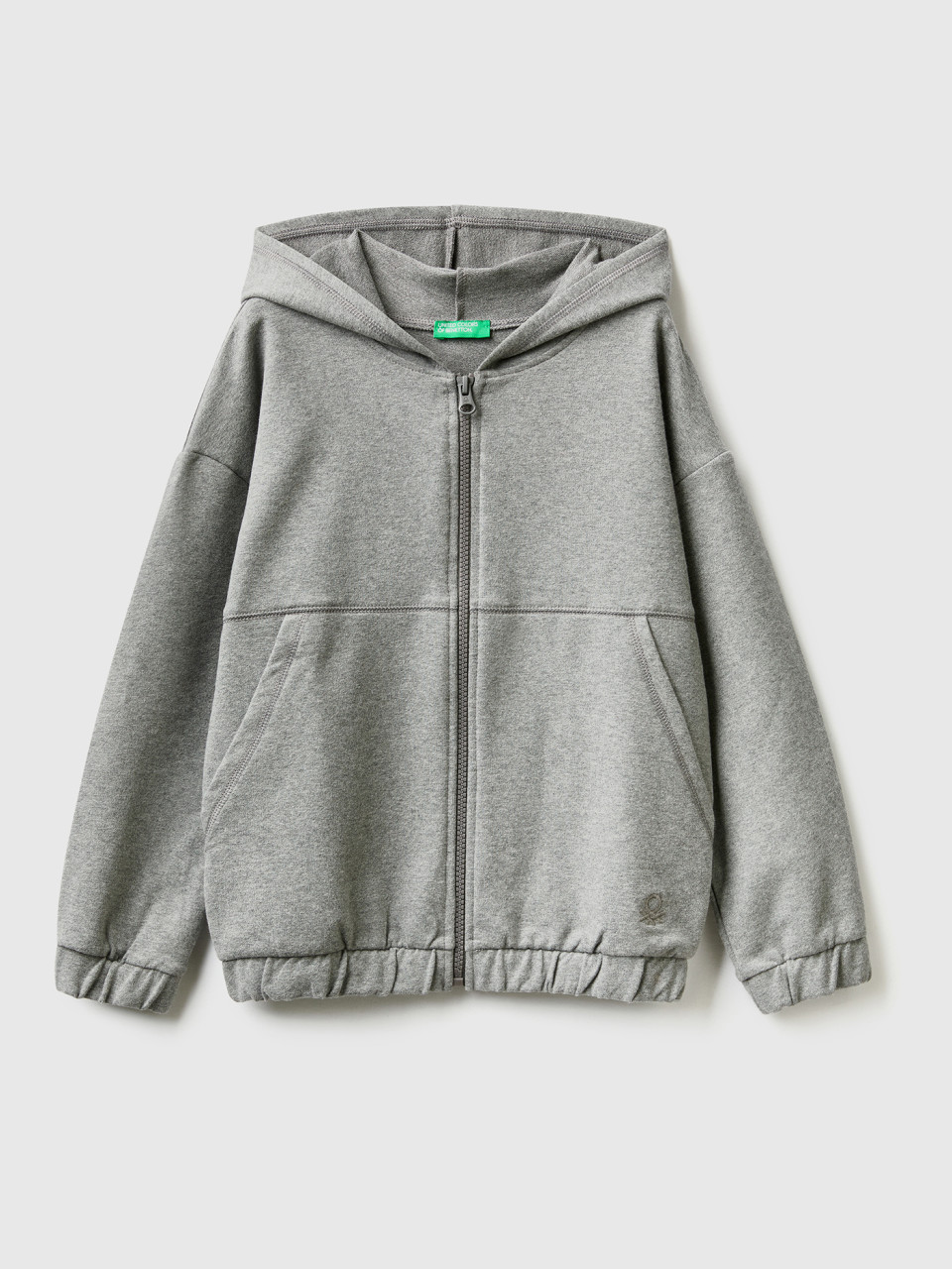 Benetton, Warm Sweatshirt With Zip And Embroidered Logo, Dark Gray, Kids