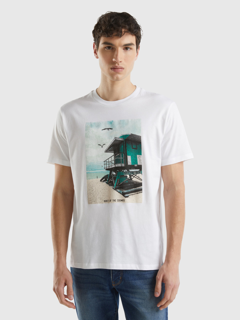 Benetton, Camiseta De Algodón Orgánico Con Estampado, Blanco, Hombre