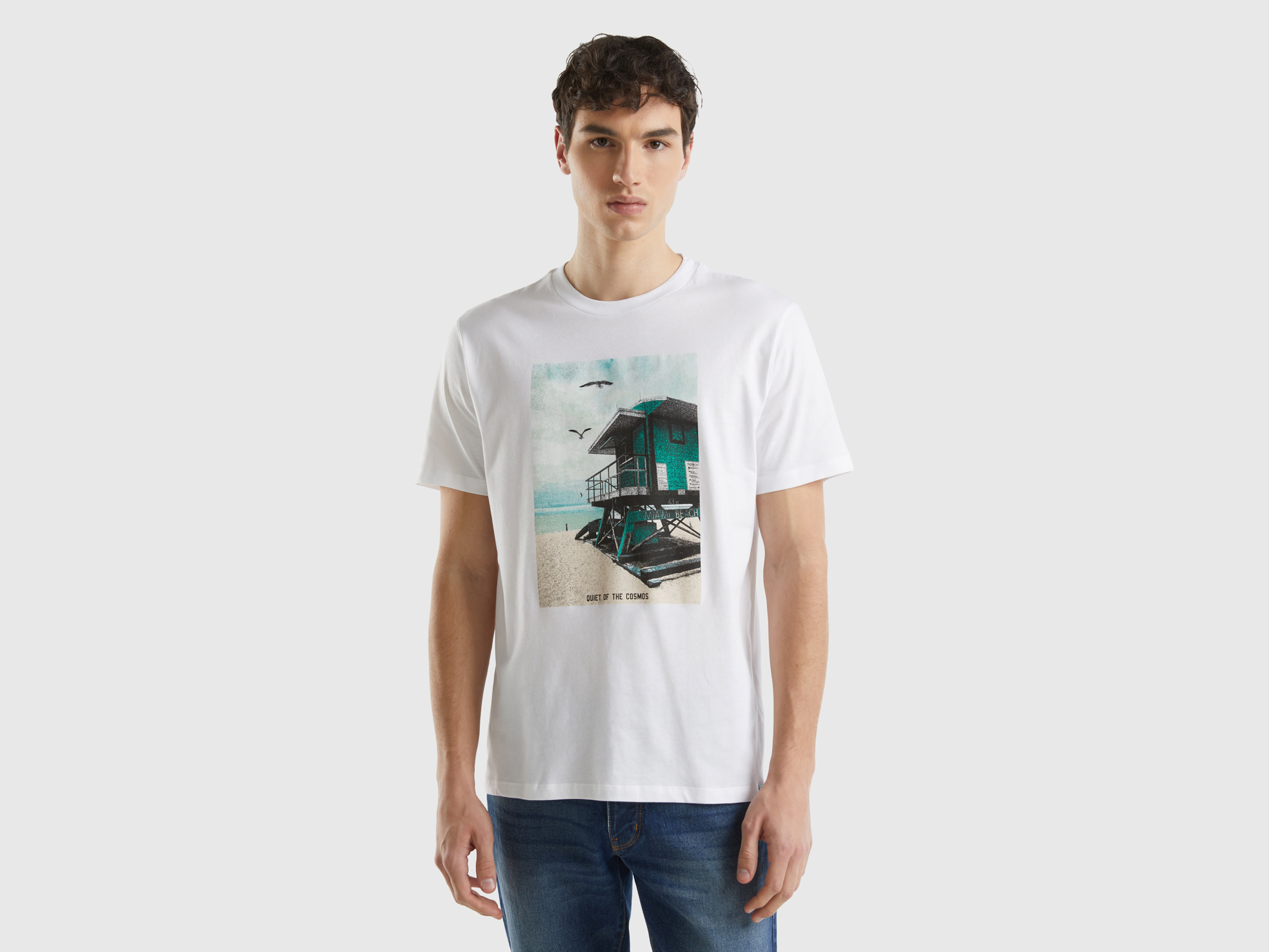 Image of Benetton, T-shirt With Print In Organic Cotton, size XXXL, White, Men