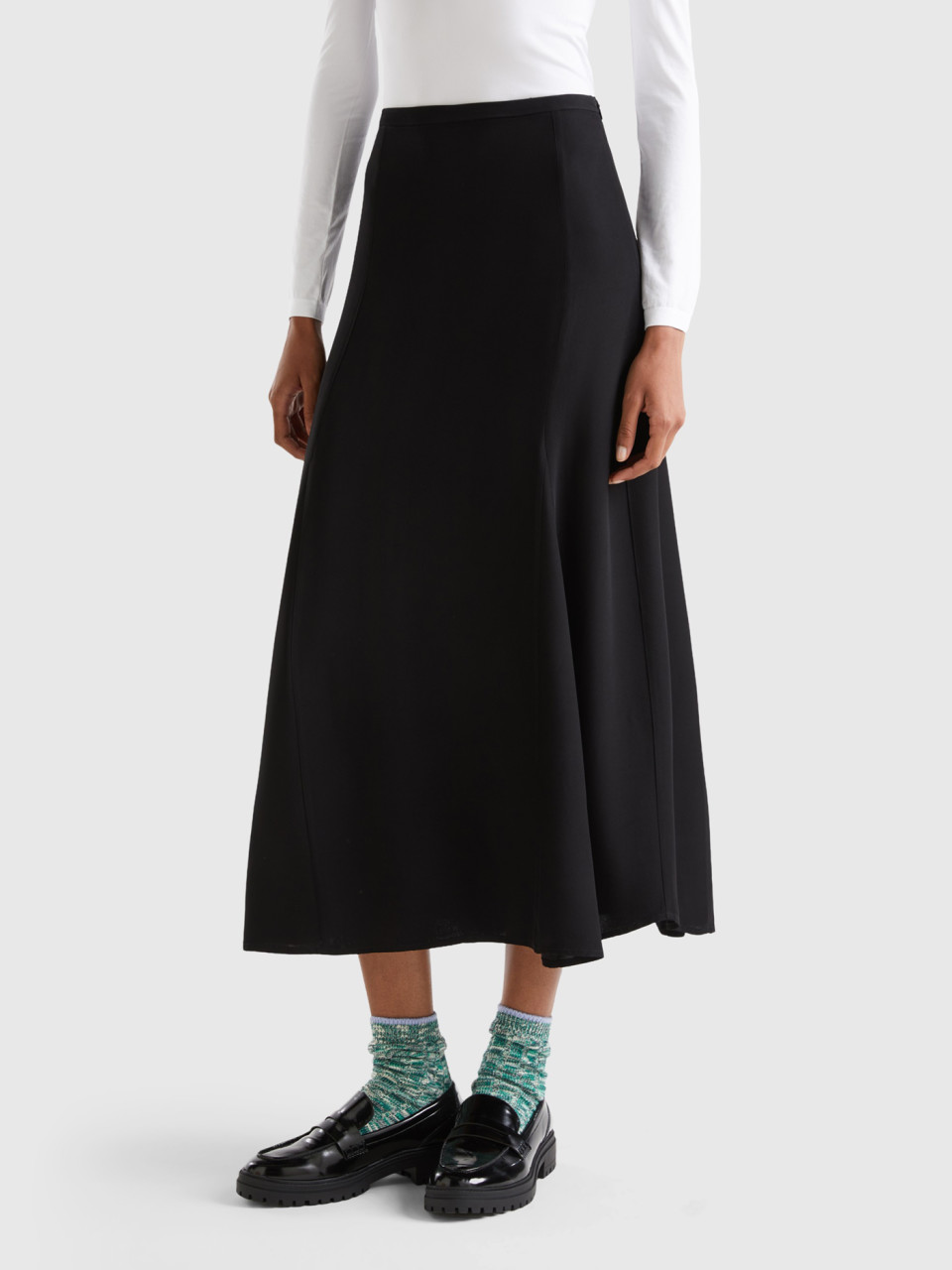 Benetton, Satin Skirt, Black, Women