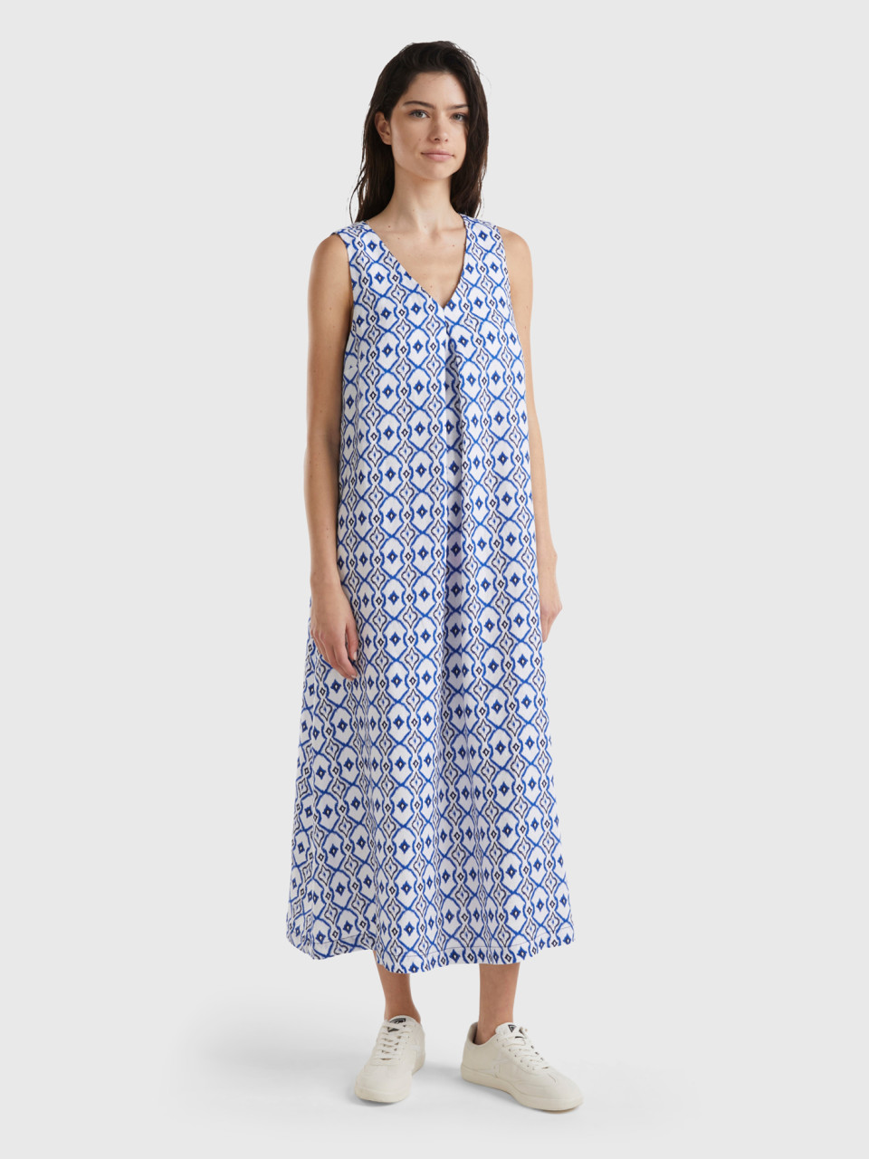 Benetton, Printed Linen Dress, Blue, Women