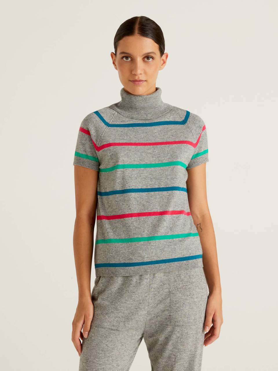 Benetton Gray striped turtleneck in cashmere and wool blend. 1
