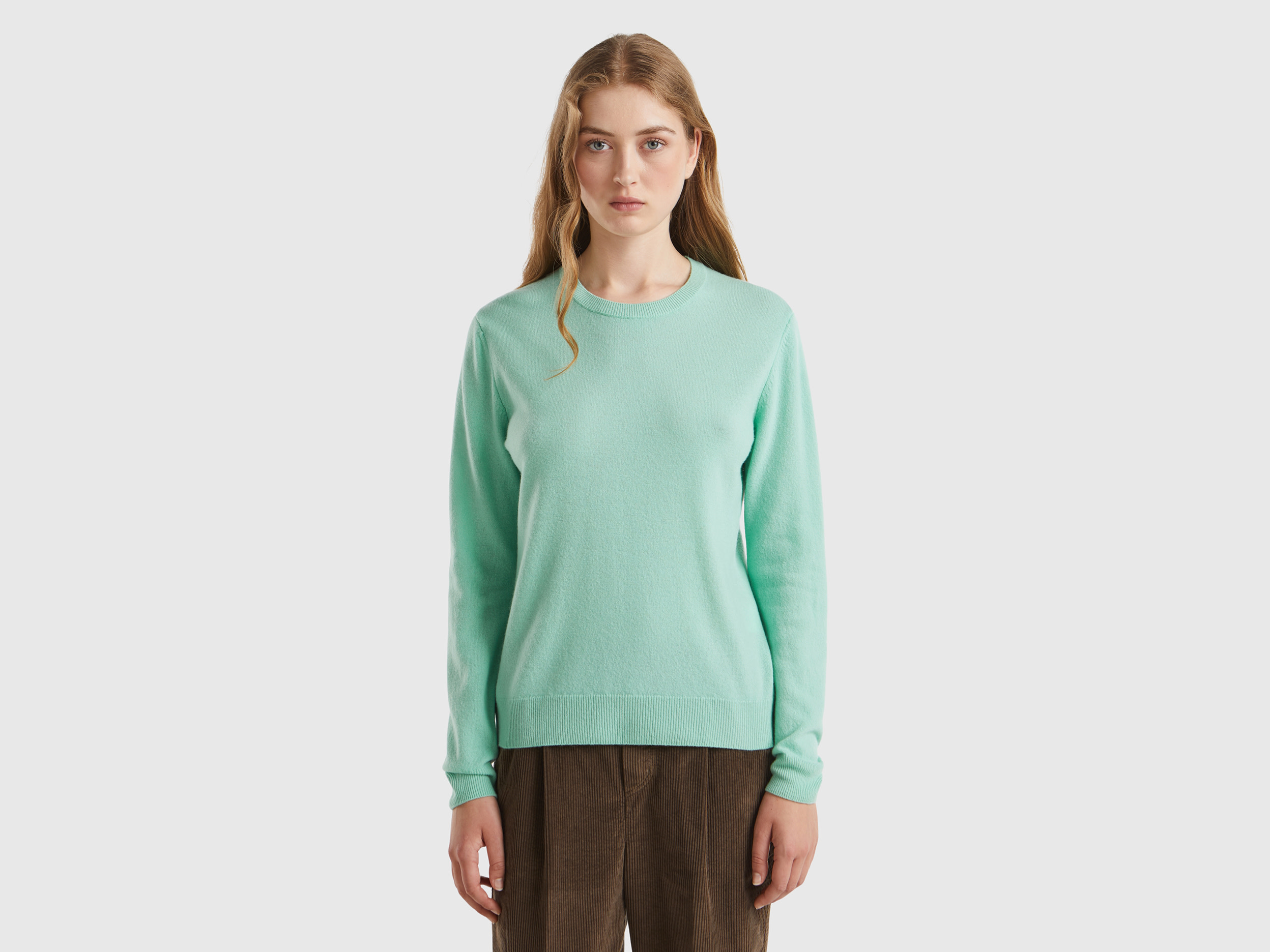 Benetton, Maglia Girocollo Verde Acqua Chiaro In Pura Lana Merino, Verde Acqua, Donna