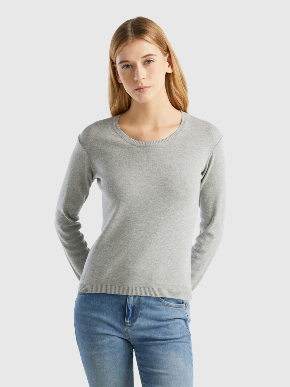 Benetton Online exclusive, Crew Neck Sweater In Pure Cotton, Light Gray, Women