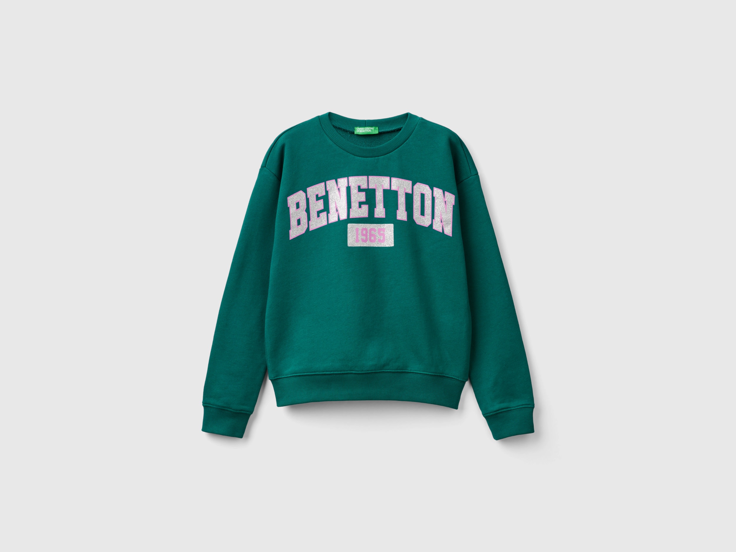 Benetton, Felpa 100% Cotone Con Logo Glitter, Verde Scuro, Bambini