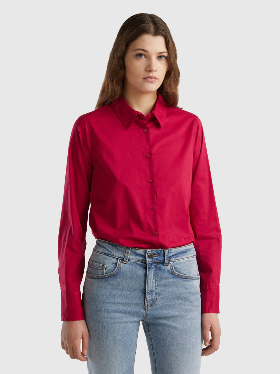 Benetton, Regular Fit Shirt In Light Cotton, Cyclamen, Women