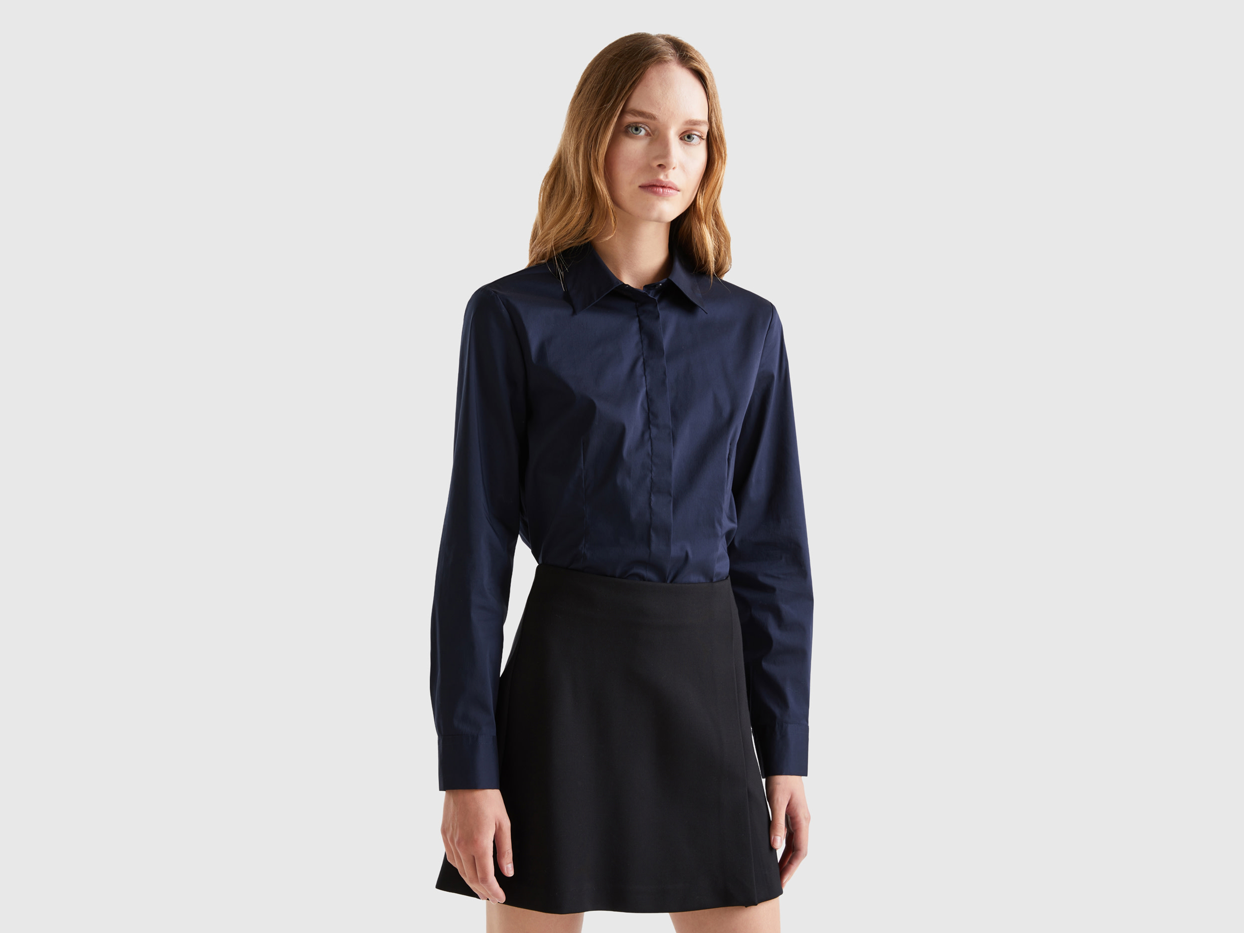 Benetton, Shirt In Stretch Cotton Blend, size M, Dark Blue, Women