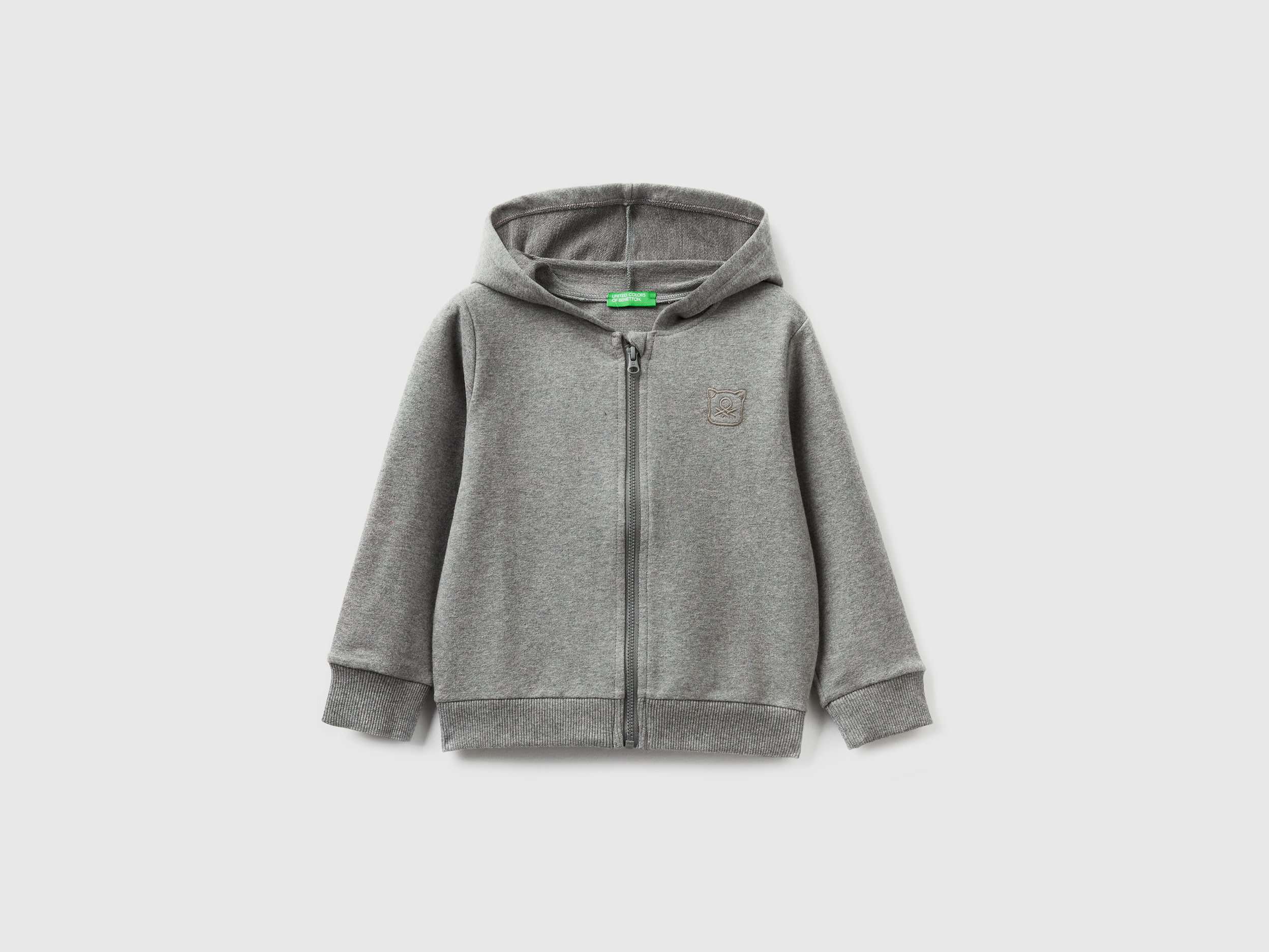 Benetton, Warm Sweatshirt With Zip And Embroidered Logo, size 18-24, Dark Gray, Kids