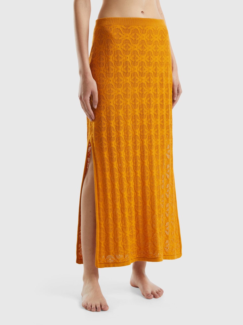 Benetton, Monogram Knit Midi Skirt, Mustard, Women