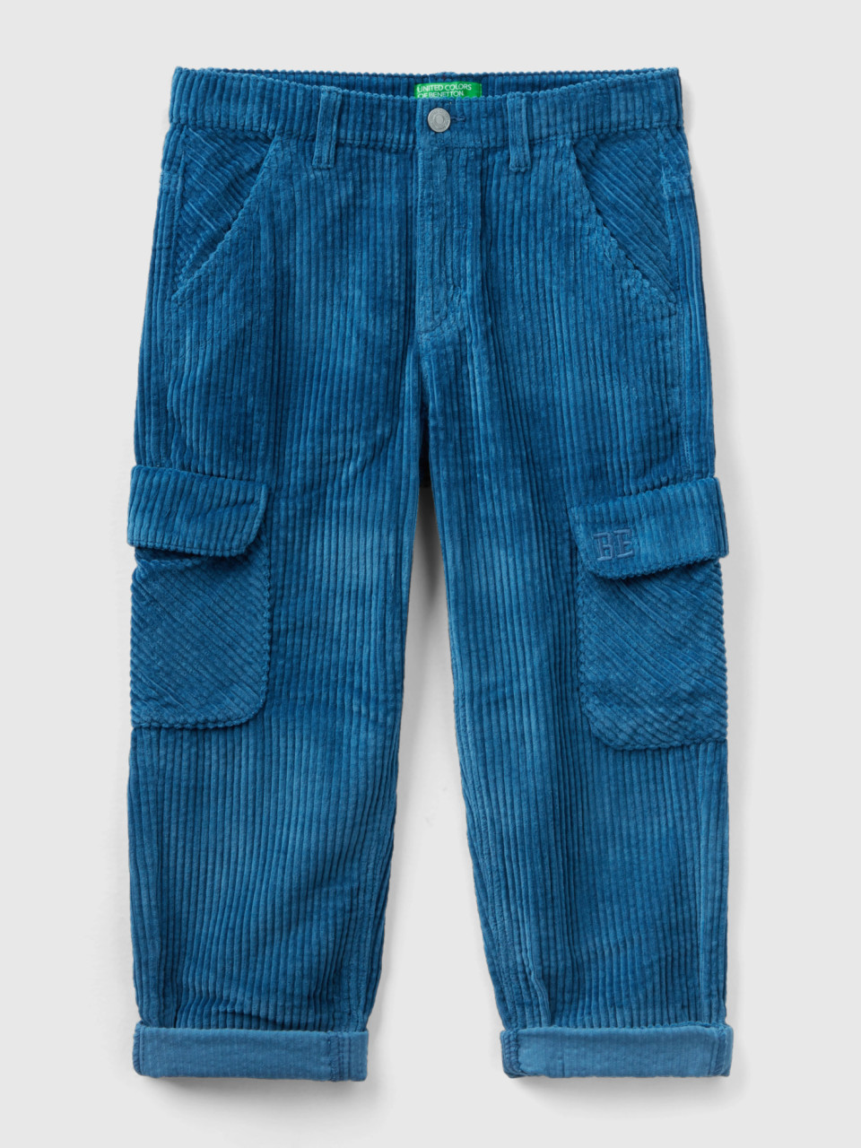 Benetton, Velvet Trousers With Pockets, Air Force Blue, Kids