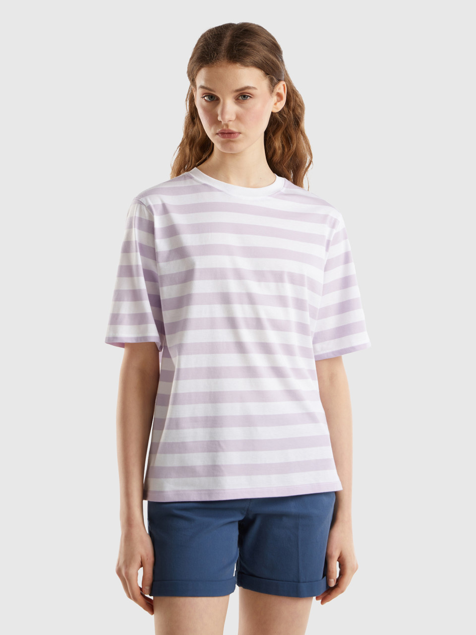 Benetton, T-shirt A Righe Comfort Fit, Lilla, Donna