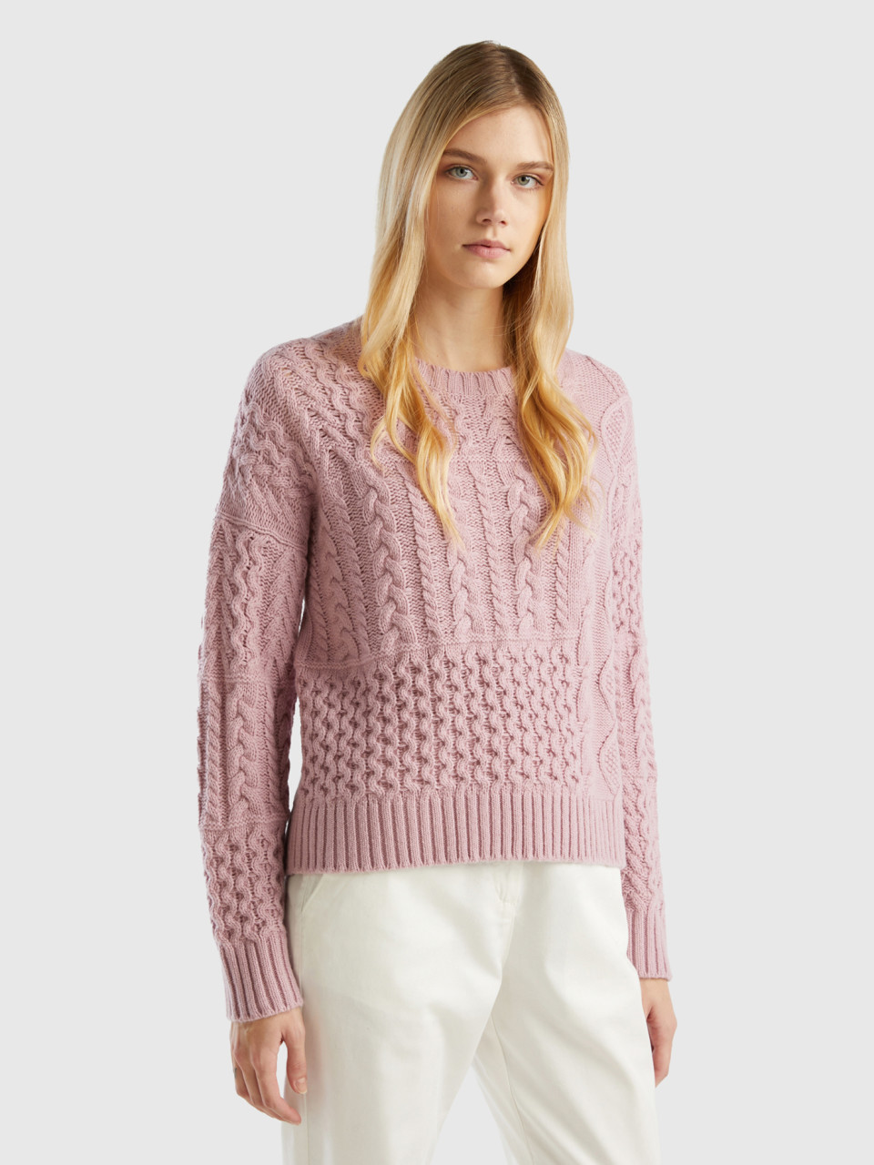 Benetton, Knit Patchwork Sweater, Soft Pink, Women