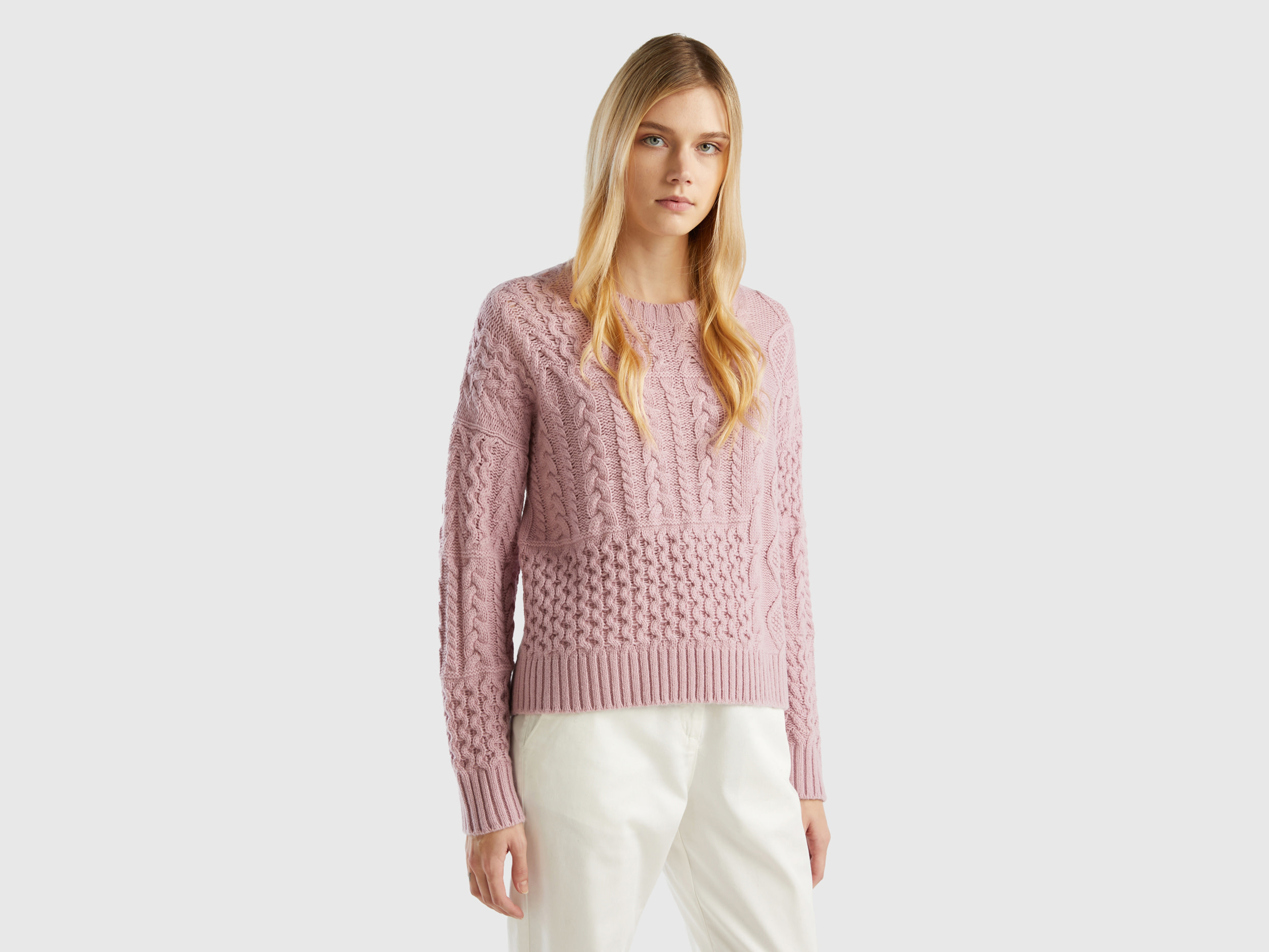 Benetton, Knit Patchwork Sweater, size L-XL, Soft Pink, Women
