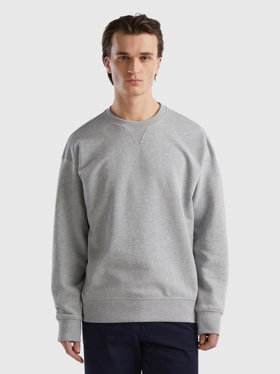 Benetton, 100% Cotton Pullover Sweatshirt, Light Gray, Men