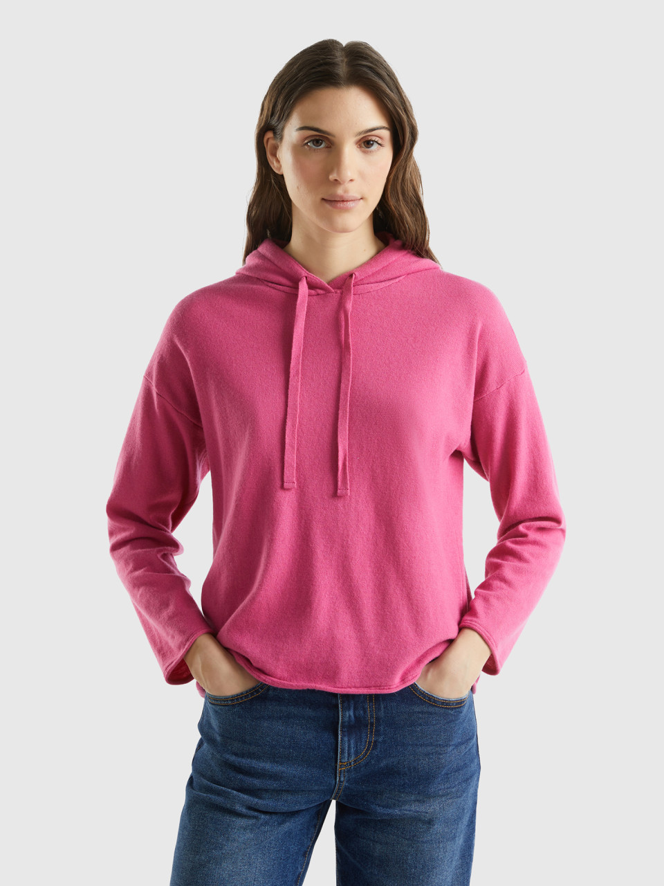 Benetton, Pink Cashmere Blend Sweater With Hood, Pink, Women