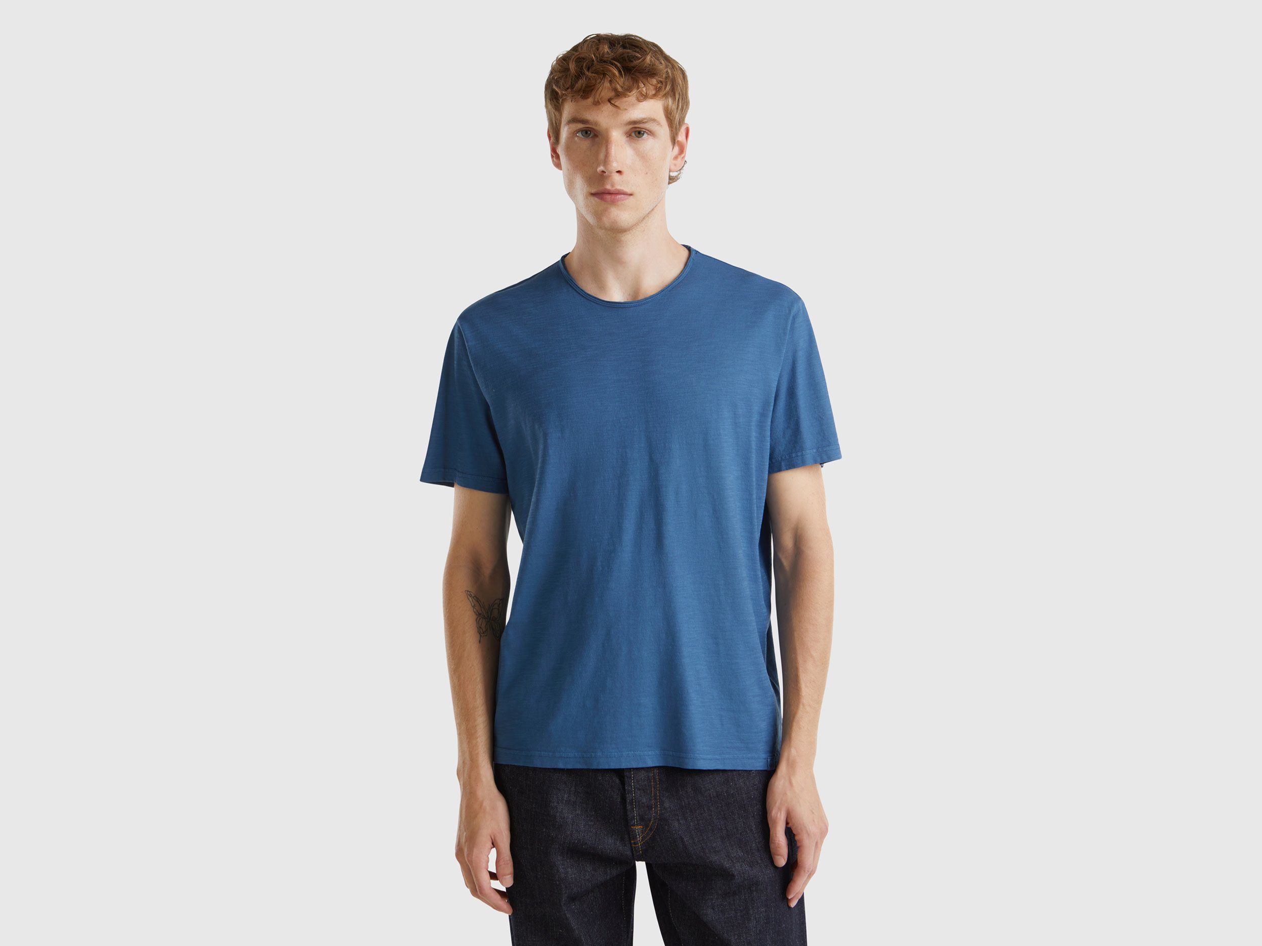 Benetton, T-shirt In Geflammter Baumwolle In Taubenblau, size XS, Taubenblau, male