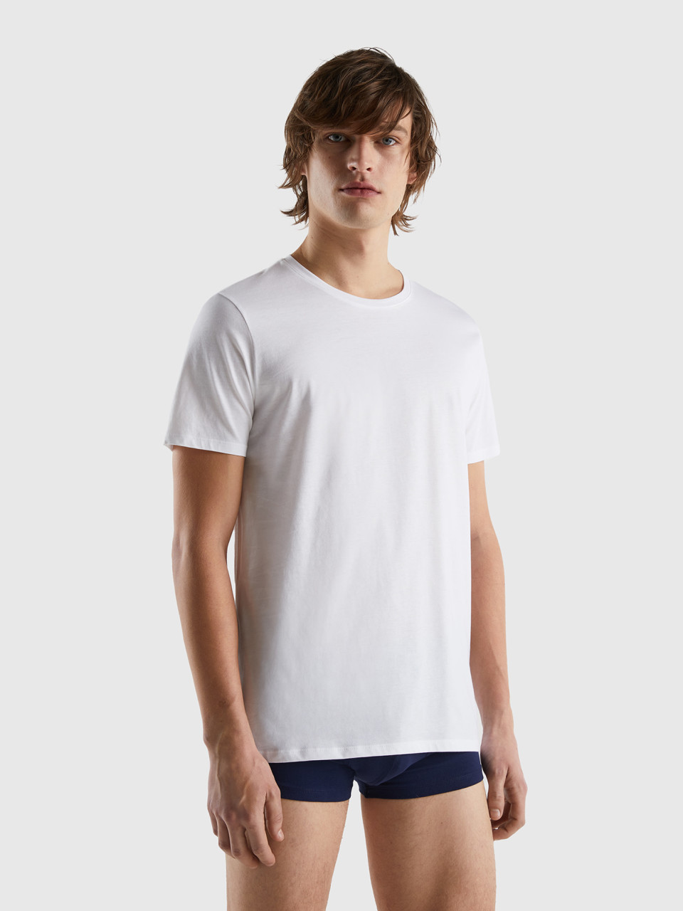Benetton, T-shirt Em Algodão De Fibra Longa, Branco, Homem