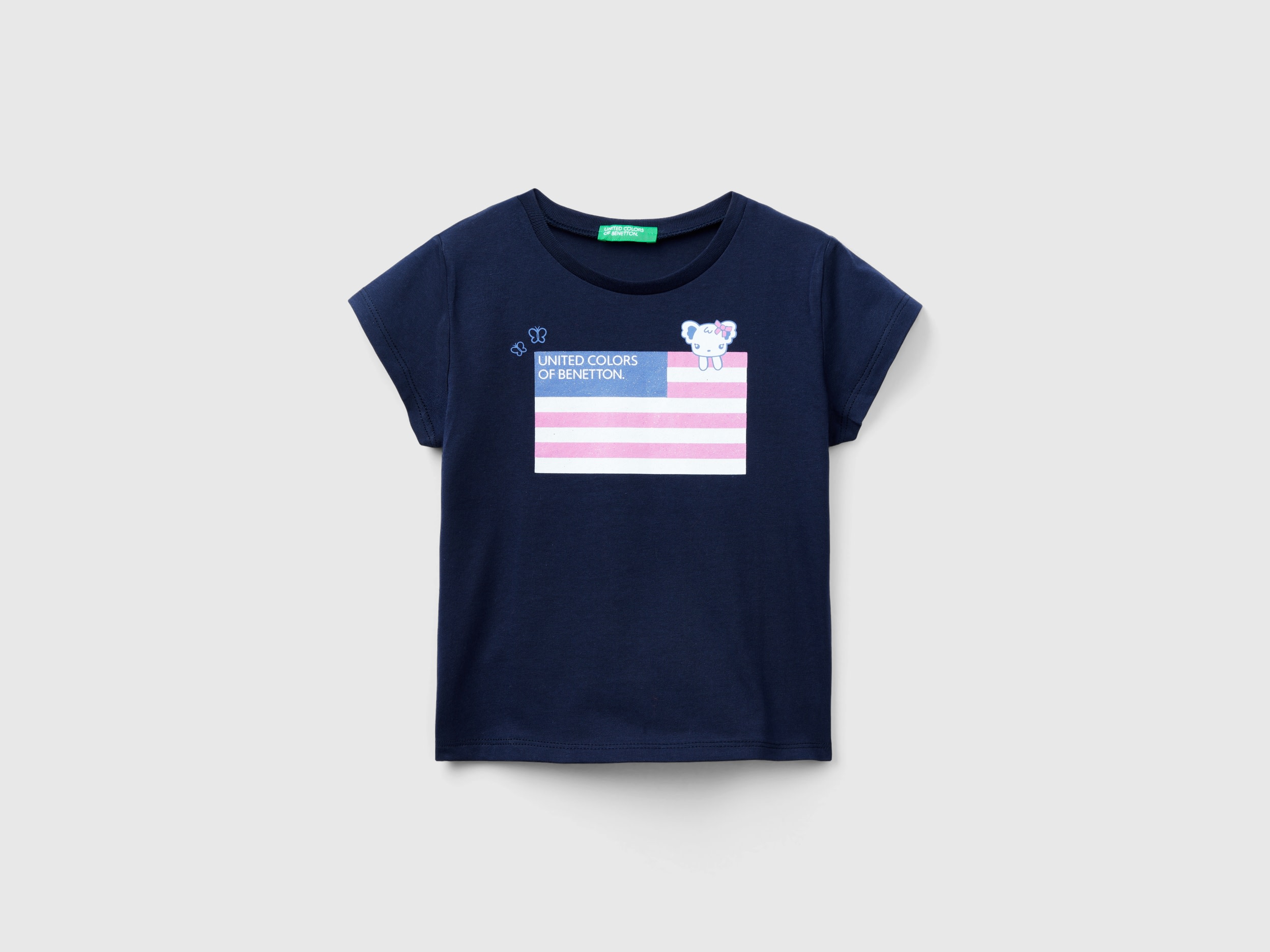 Image of Benetton, T-shirt With Print In Organic Cotton, size 98, Dark Blue, Kids