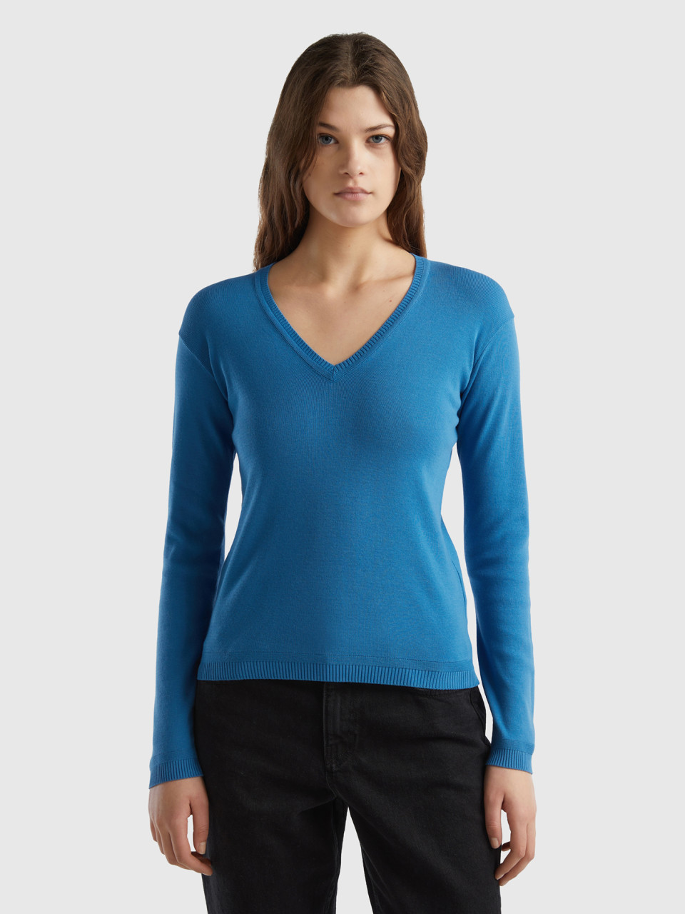 Benetton, V-neck Sweater In Pure Cotton, Blue, Women