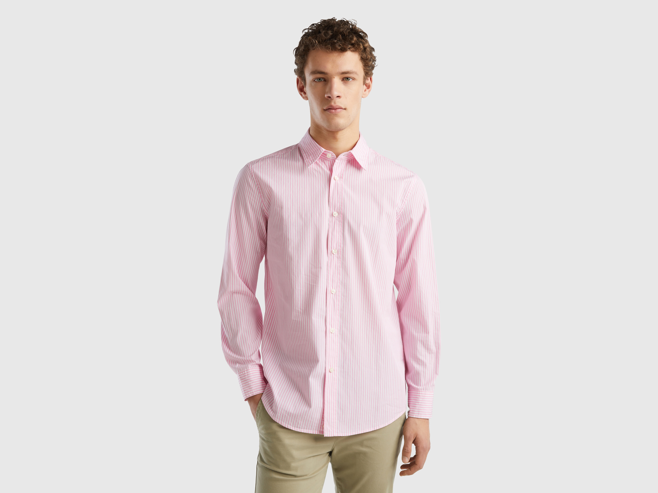 Image of Benetton, Striped Organic Cotton Shirt, size XXL, Pink, Men
