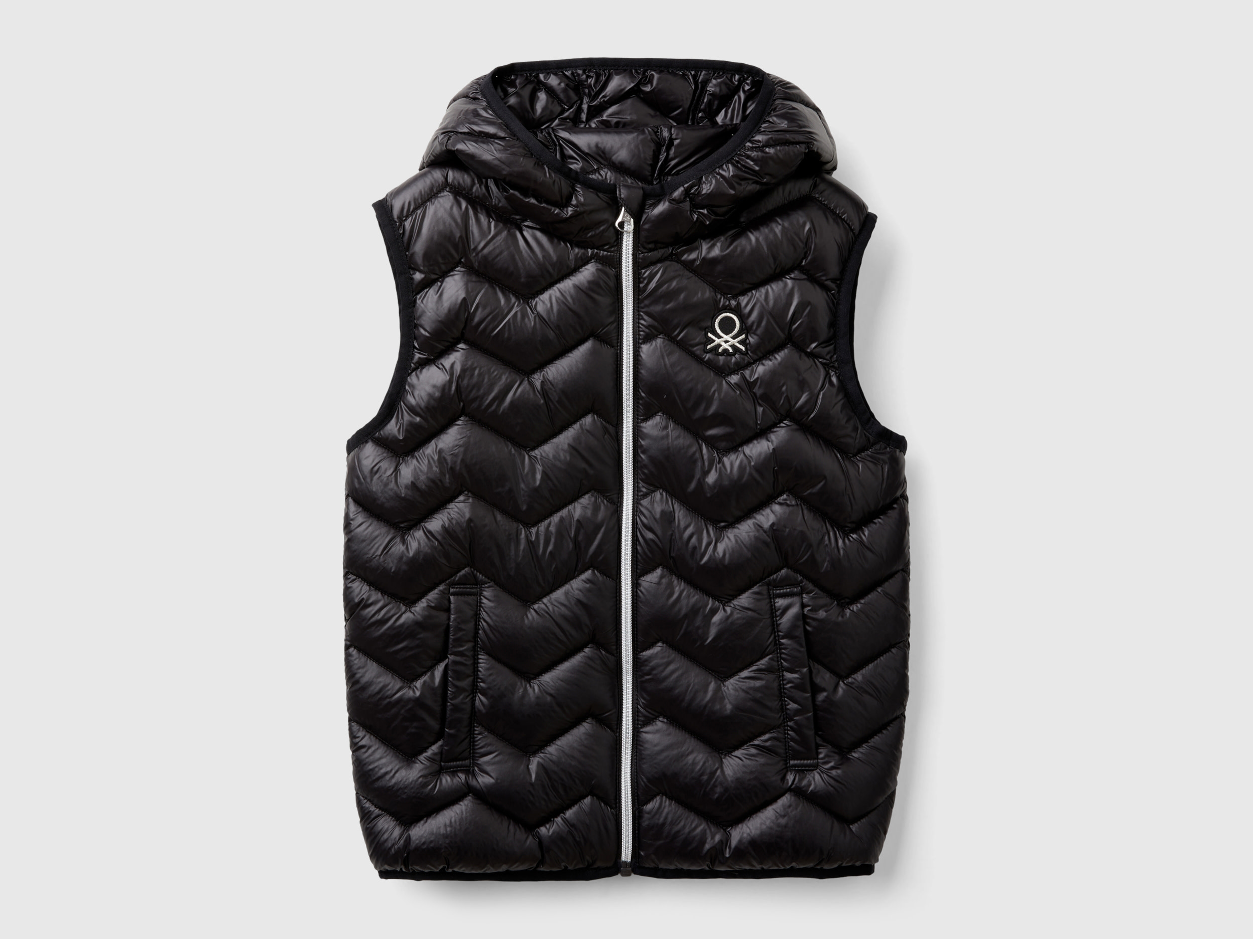 Benetton, Gilet Imbottito In Ovatta 3d Con Cappuccio, Nero, Bambini