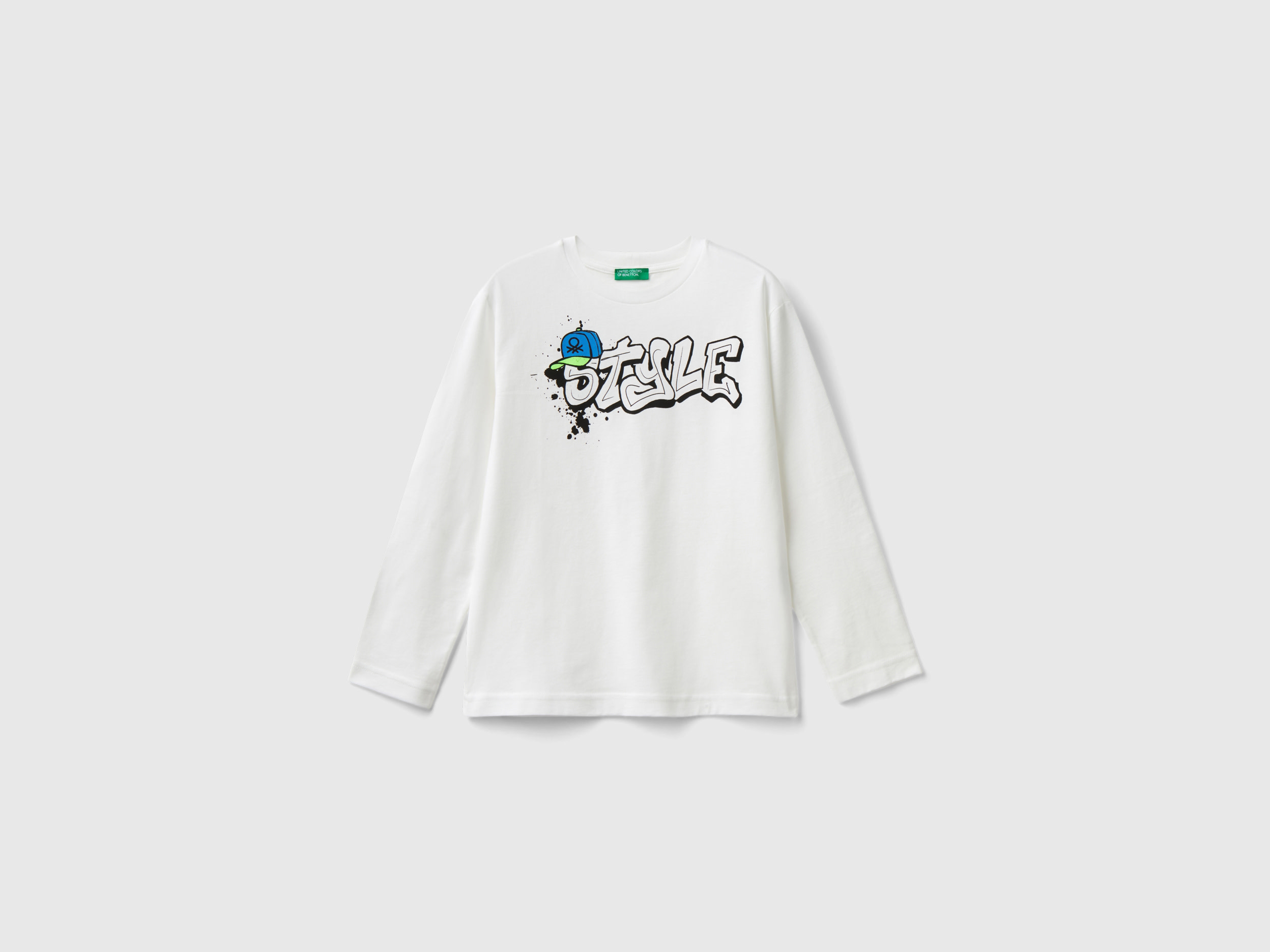Benetton, T-shirt Manica Lunga In Cotone Bio, Bianco, Bambini