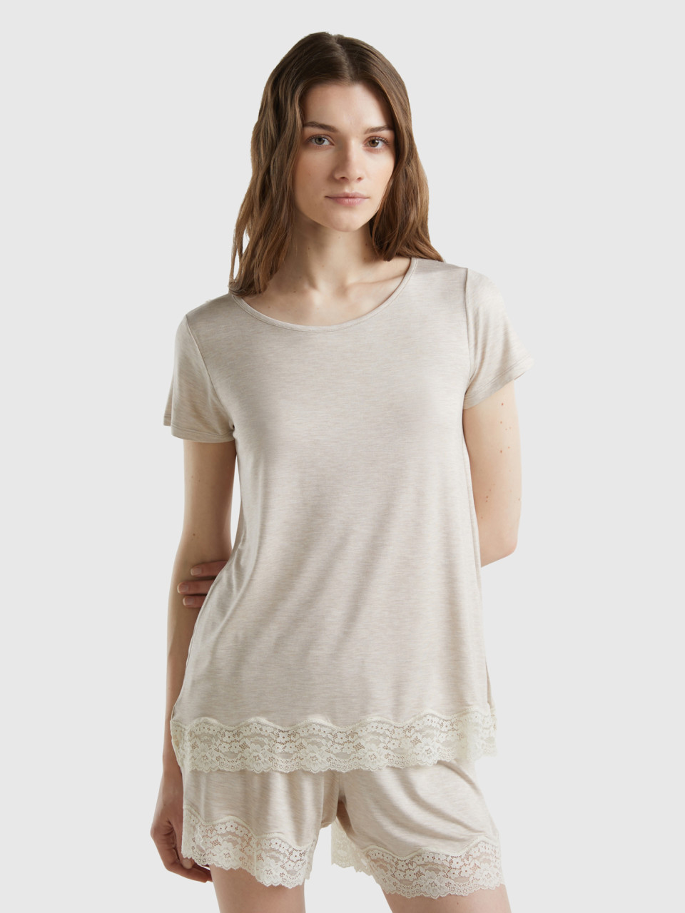 Benetton, Short Sleeve T-shirts With Lace, Beige, Women