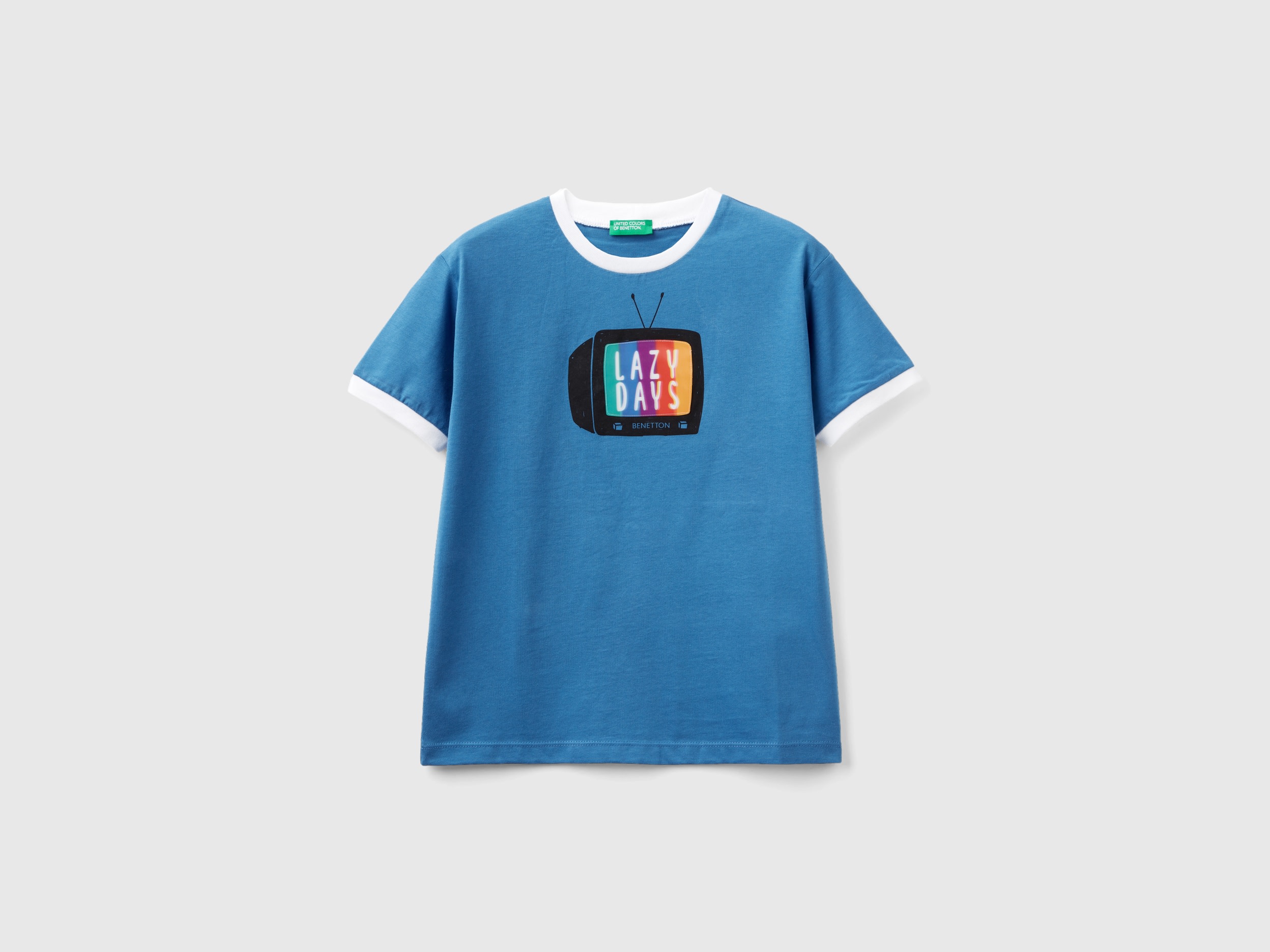 Benetton, T-shirt With Television Print, size S, Blue, Kids