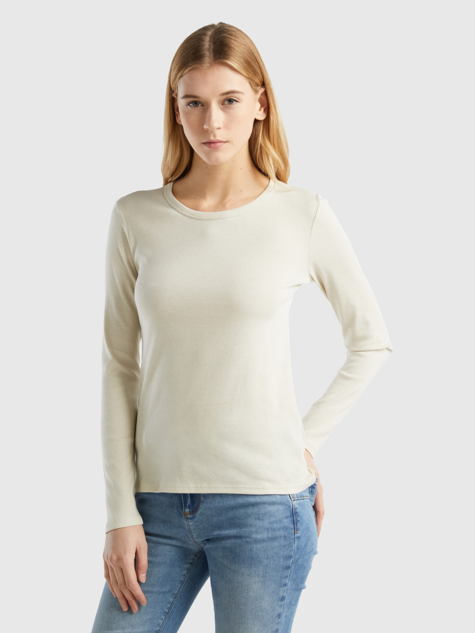 Benetton, Long Sleeve Pure Cotton T-shirt, Beige, Women