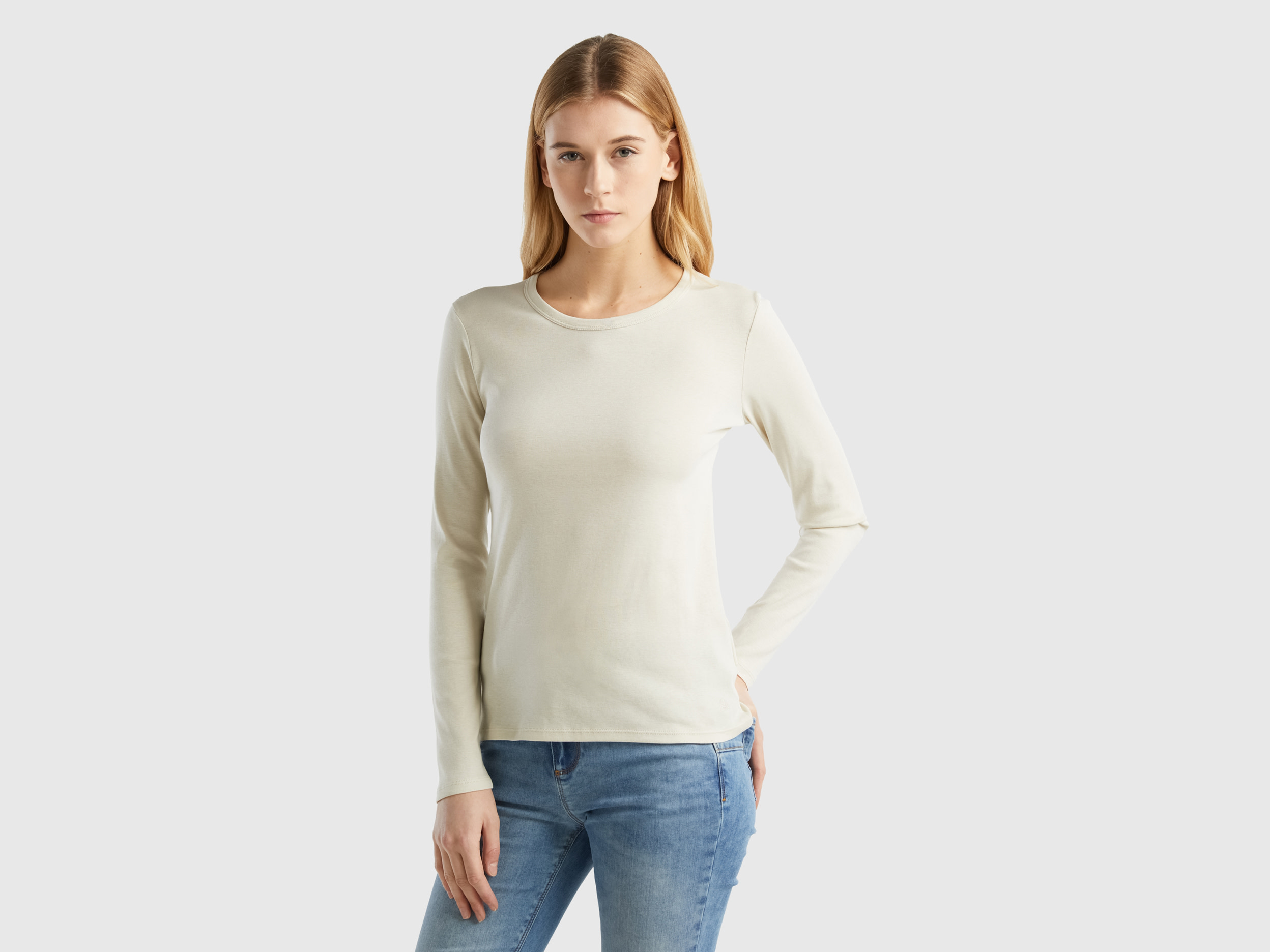 Benetton, Long Sleeve Pure Cotton T-shirt, size XS, Beige, Women