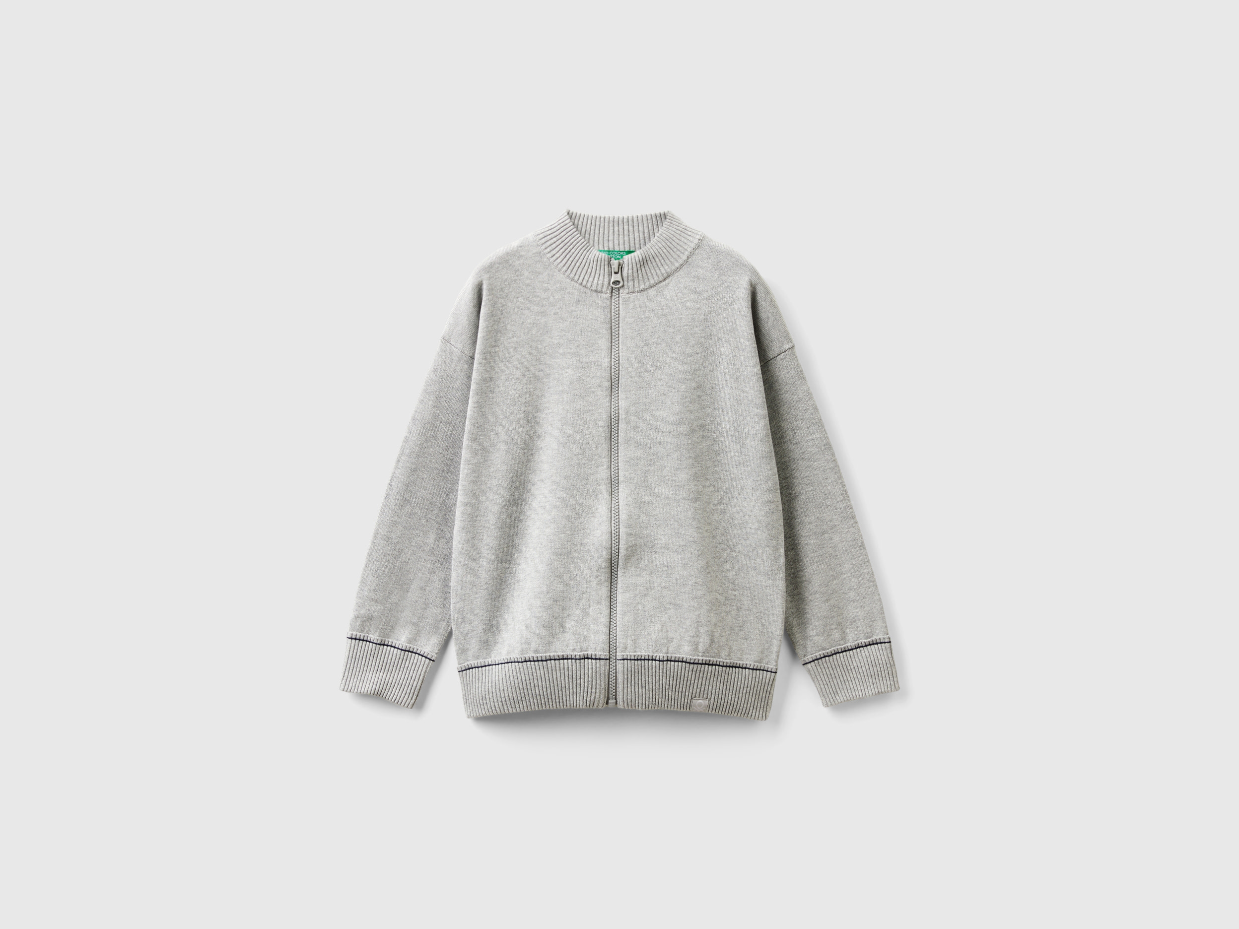 Benetton, Cardigan Con Zip In Cotone, Grigio Chiaro, Bambini