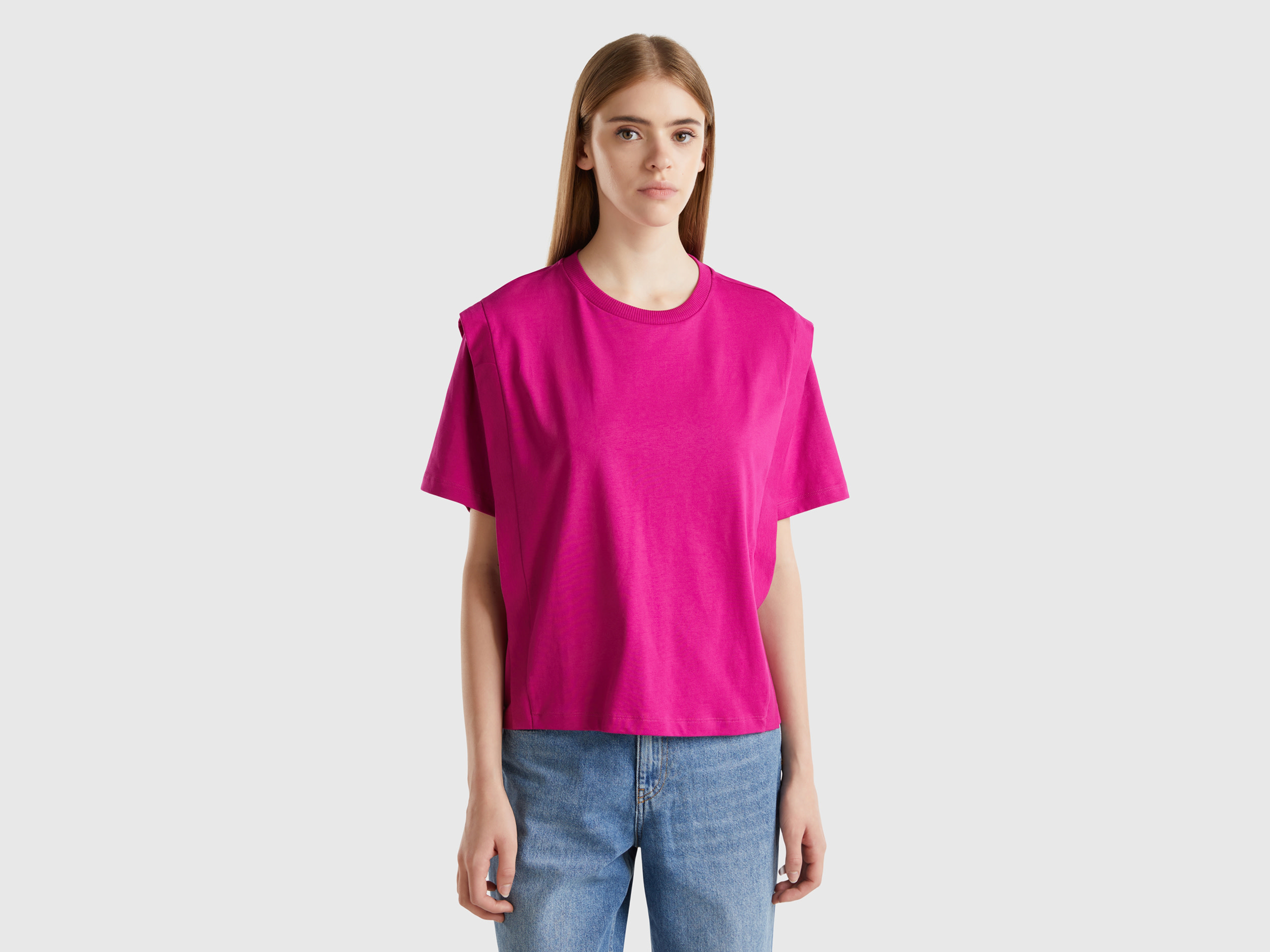 Benetton, T-shirt Regular Fit Con Pieghe, Ciclamino, Donna