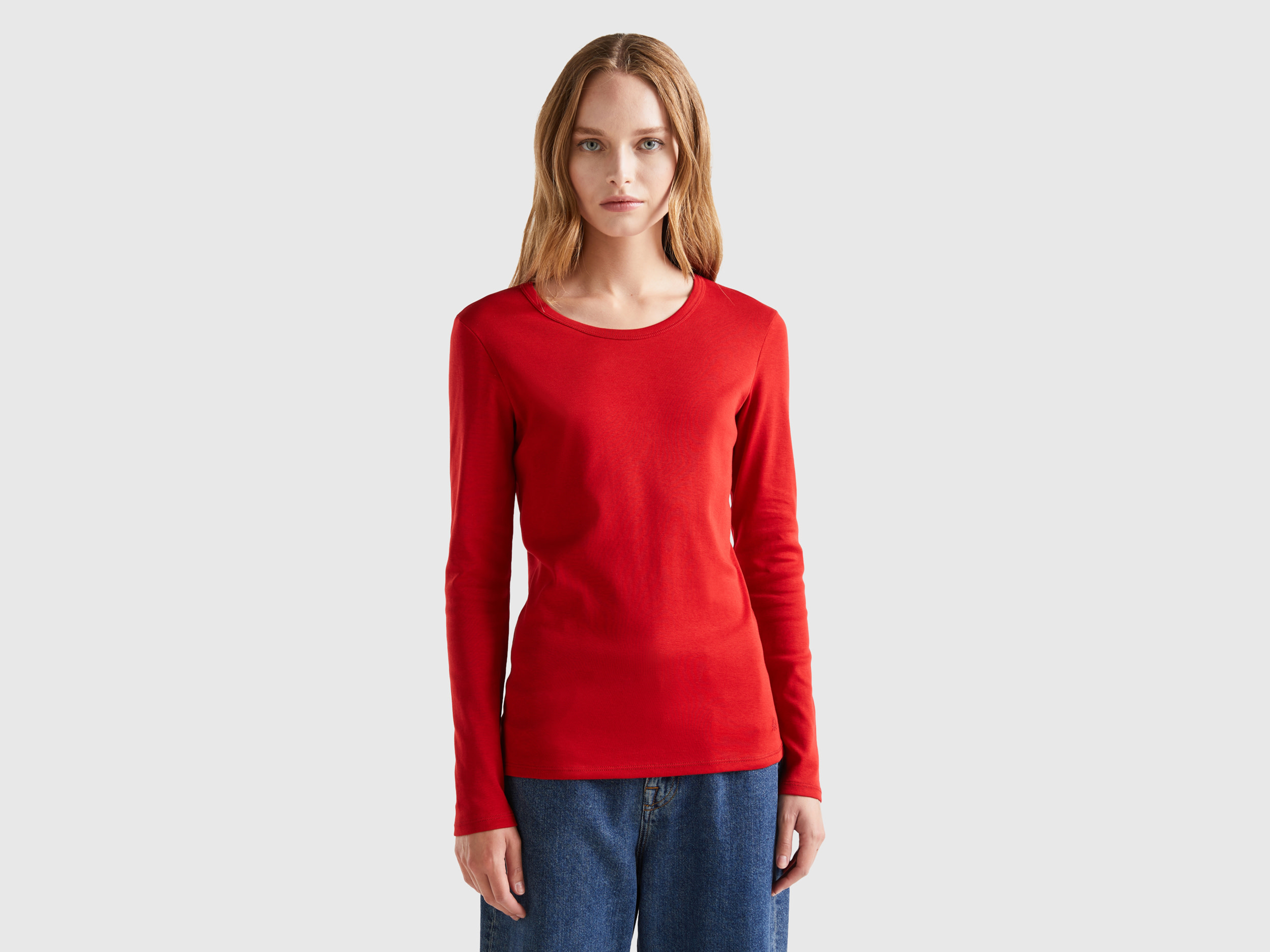 Benetton, Long Sleeve Pure Cotton T-shirt, size M, Red, Women