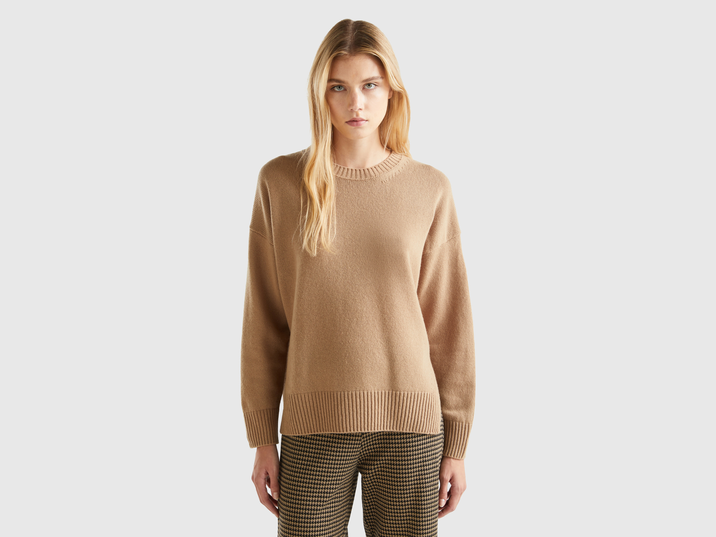 Benetton, Boxy Fit Sweater In Wool Blend, size L-XL, Camel, Women