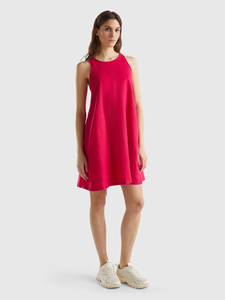 Benetton, Sleeveless Dress In Pure Linen, Cyclamen, Women