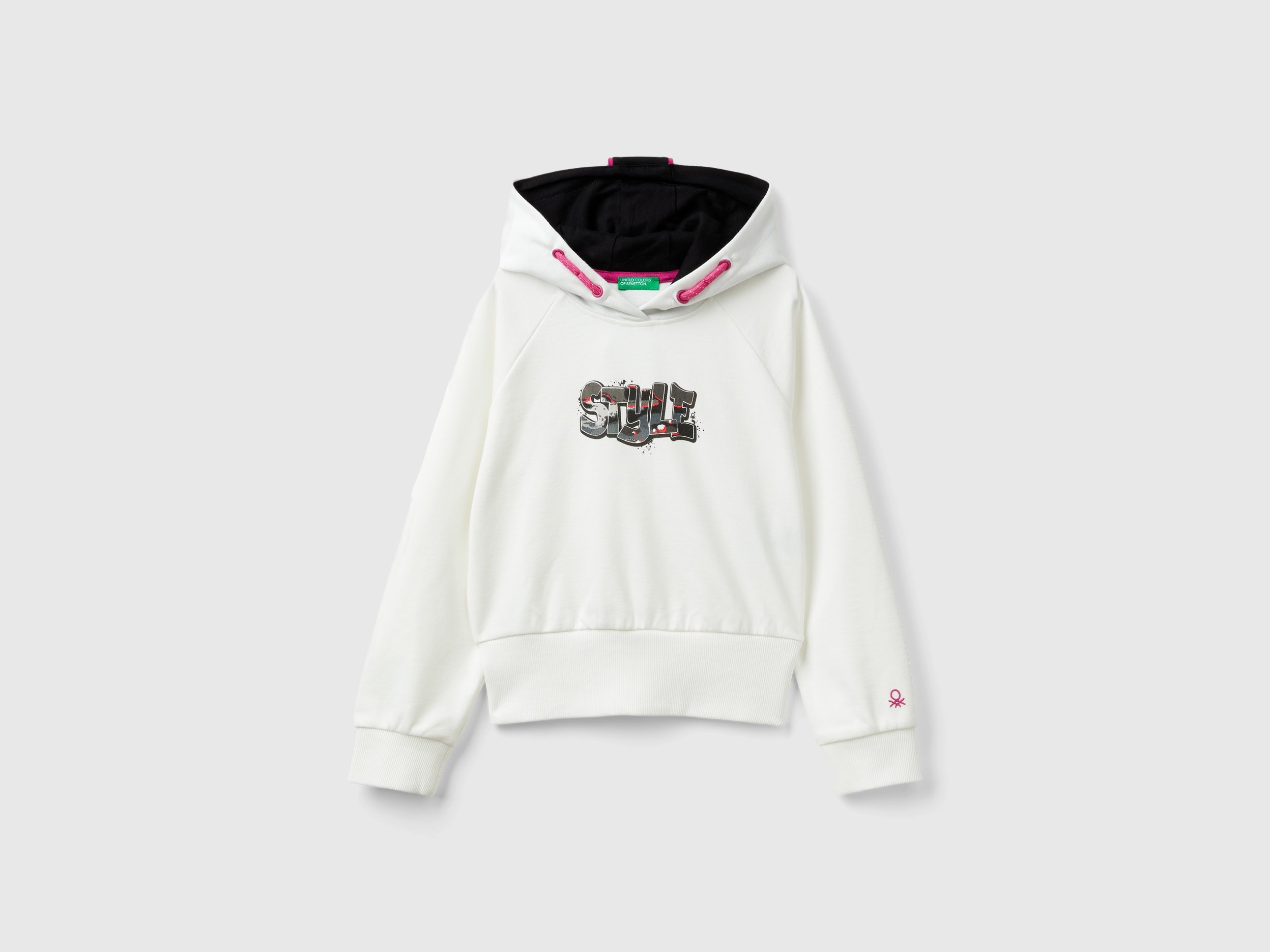 Benetton, Felpa Con Stampa E Cappuccio, Bianco Panna, Bambini