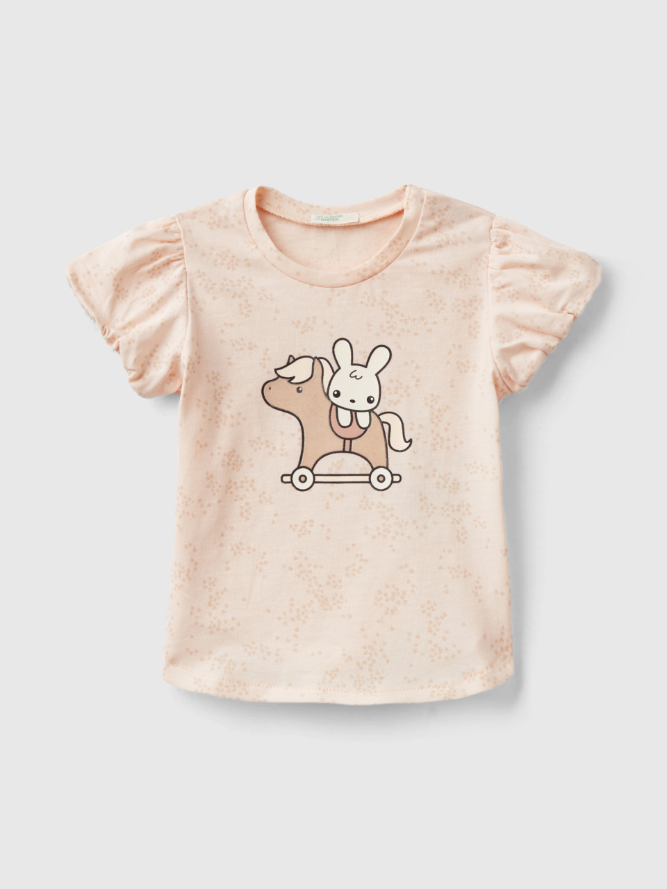 Benetton, T-shirt With Bunny Print, Peach, Kids