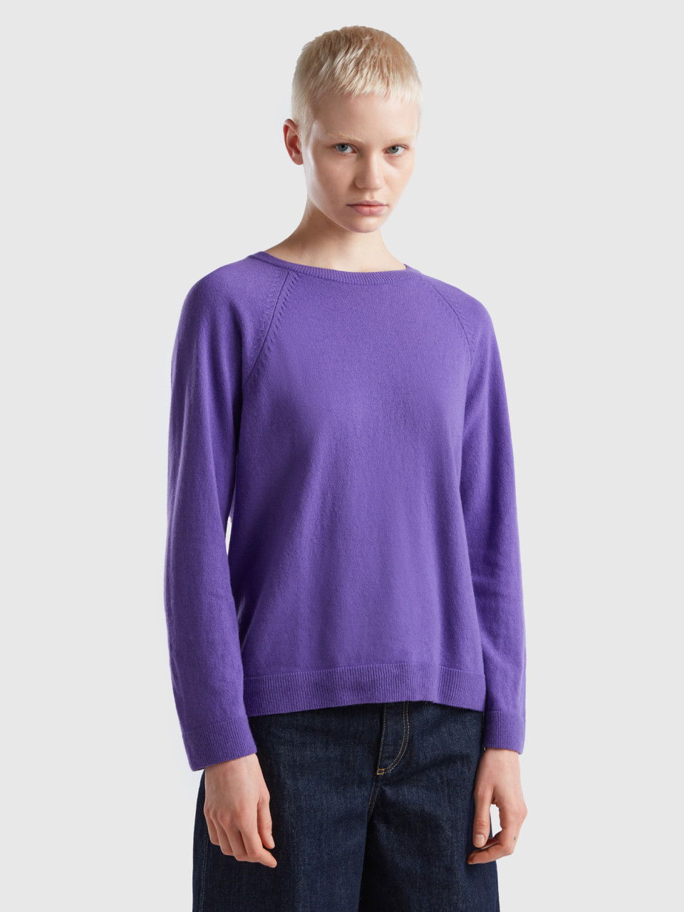 Benetton, Purple Crew Neck Sweater In Cashmere And Wool Blend, Violet, Women