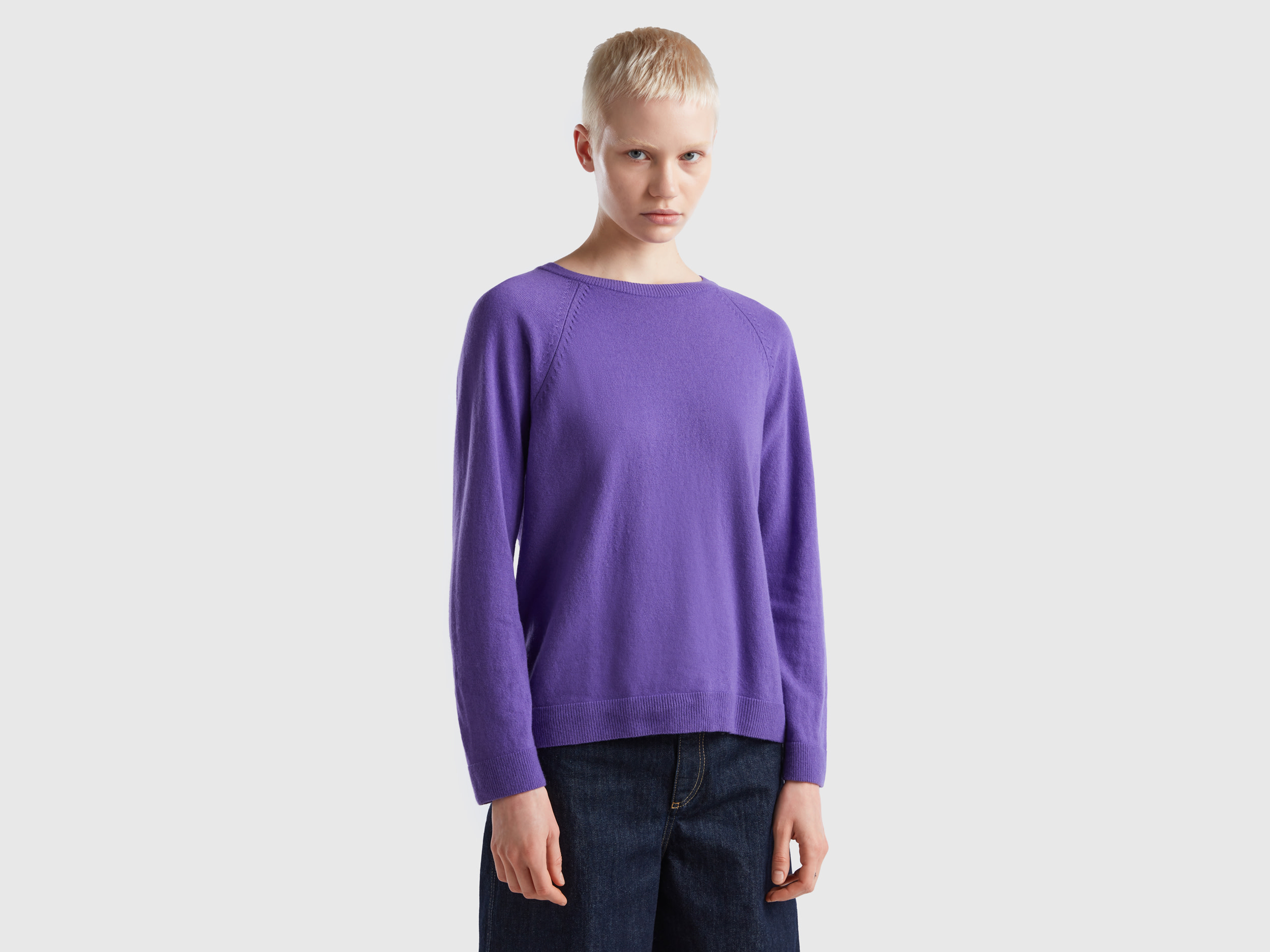 Benetton, Purple Crew Neck Sweater In Cashmere And Wool Blend, size XL, Violet, Women
