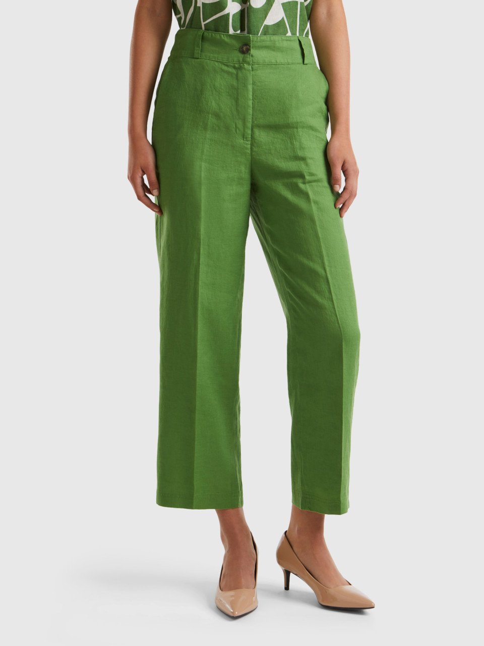 Benetton, Straight Trousers In Pure Linen, Military Green, Women