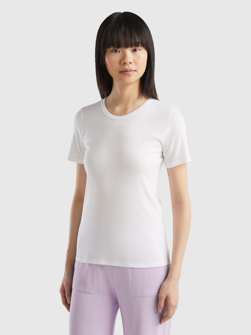 Benetton, T-shirt En Coton Longues Fibres, Blanc, Femme
