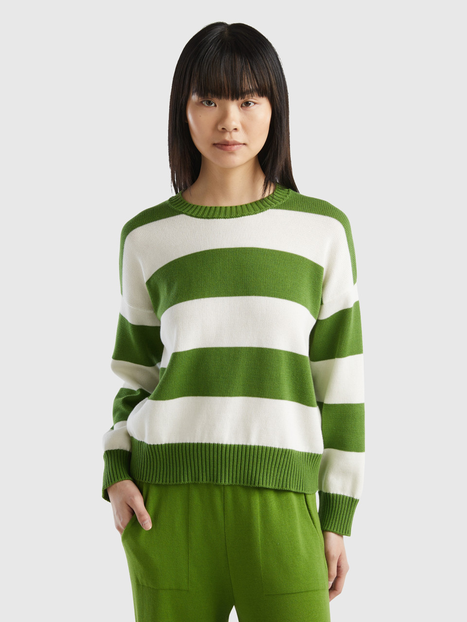Benetton, Striped Sweater In Tricot Cotton, , Women