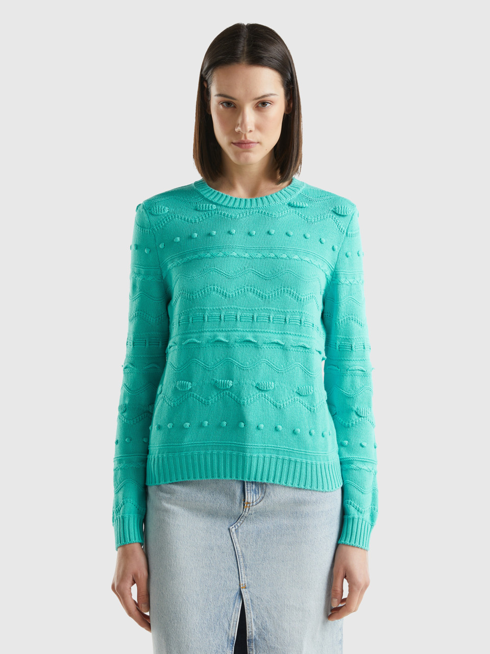 Benetton, Strukturierter Pullover In Wassergrün, Türkisblau, female