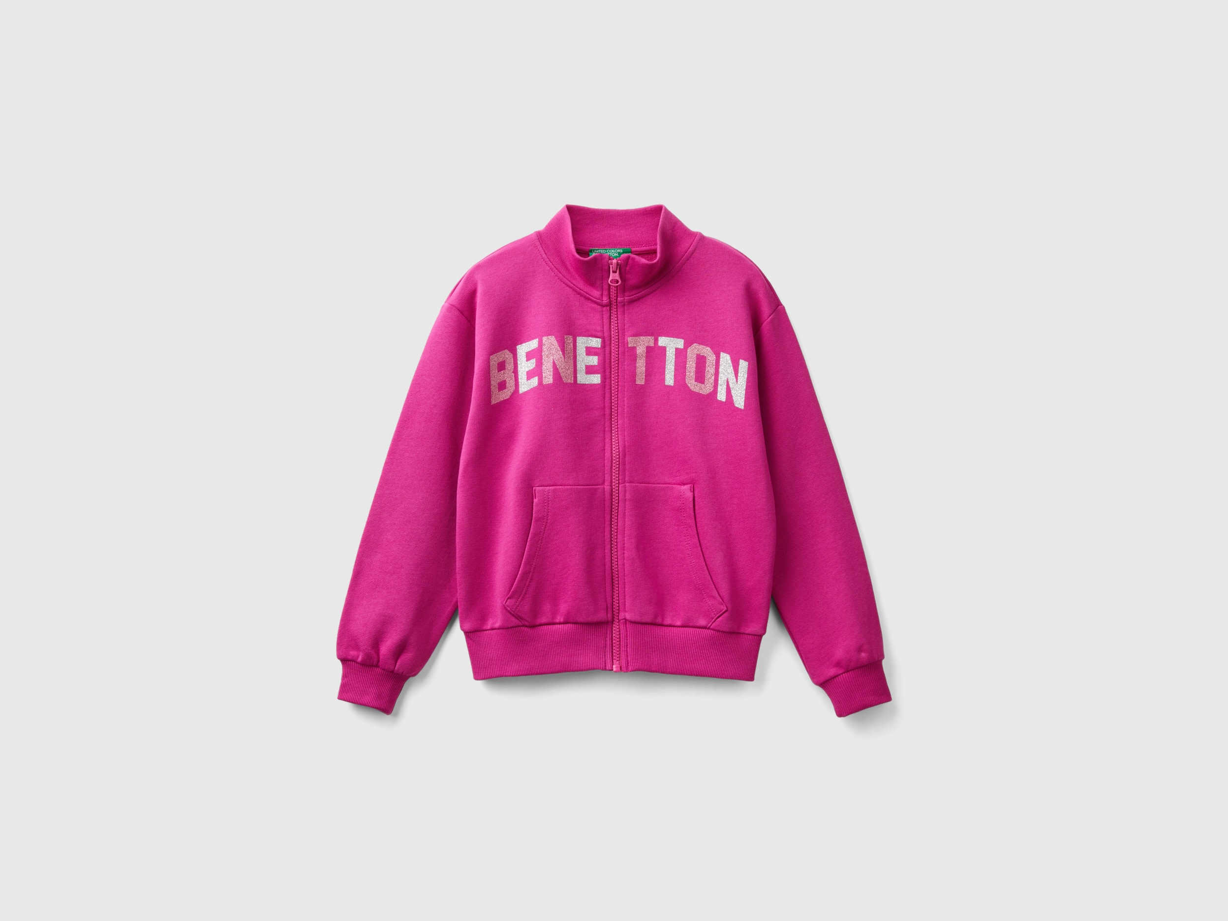 Benetton, Felpa Con Zip E Colletto, Fucsia, Bambini
