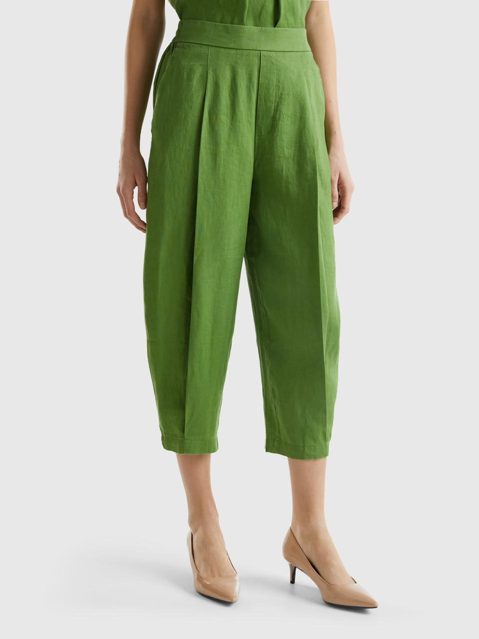 Benetton, Trousers In Pure Linen, Military Green, Women