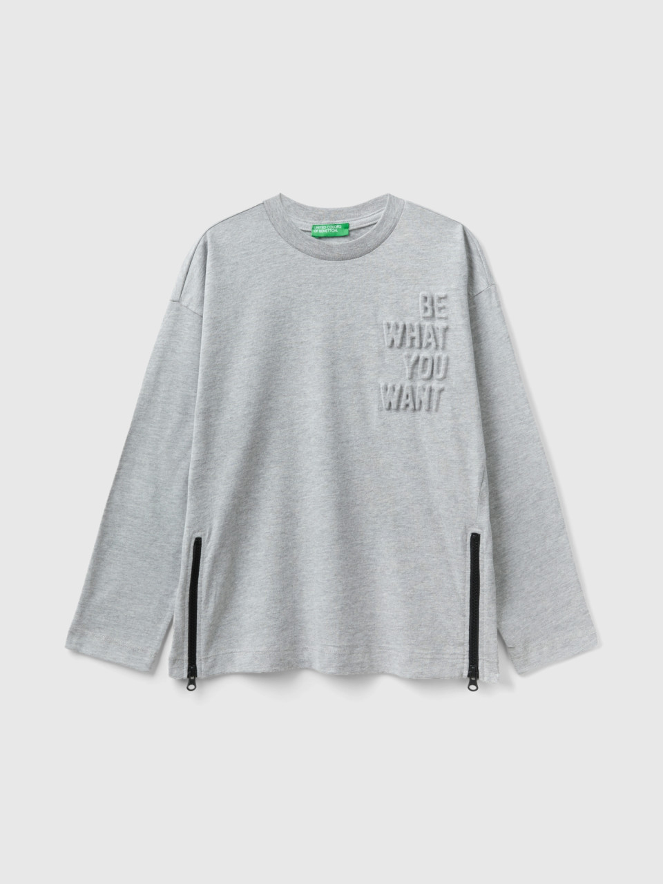 Benetton, Oversized Fit Sweatshirt With Embossed Print, Light Gray, Kids